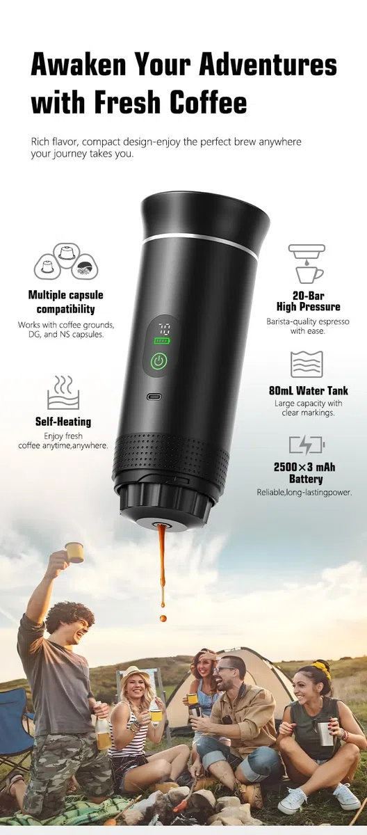 Cafetera Portátil Espresso con Calentamiento Rápido | USB-C | Máquina de Café Portátil Automática 3 en 1 muy fácil de usar | Ideal para Viajes, Oficina y Camping (PRO 80ML LED)