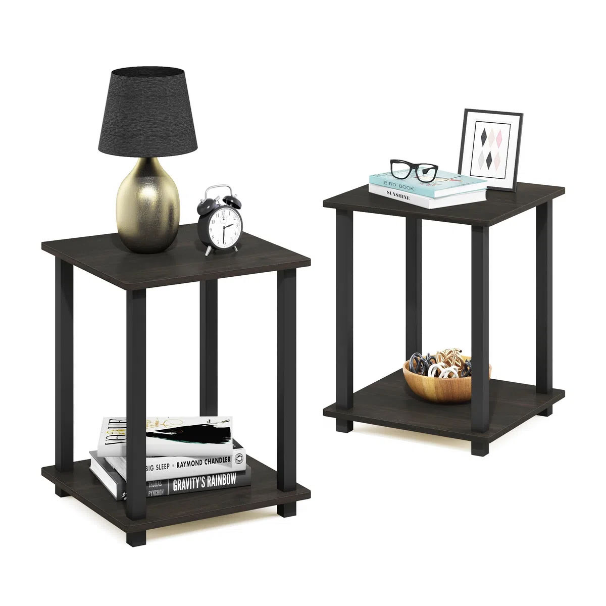 Furinno Simplistic Mesa Auxiliar, Madera compuesta, Espresso/Negro, 2 Unidades