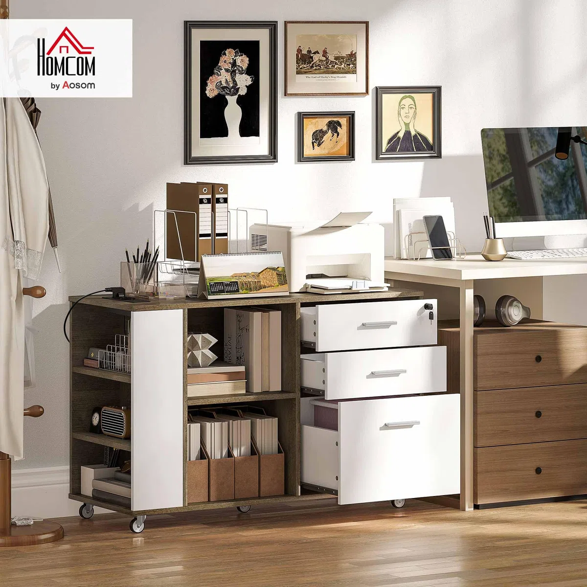 HOMCOM Cajonera de Oficina con Estación de Carga, Mueble Archivador con Ruedas, 3 Cajones, Barra Colgante, Cajonera para Escritorio con Cerradura, Estantes para Carta, A4, Legal, Marrón Grisáceo
