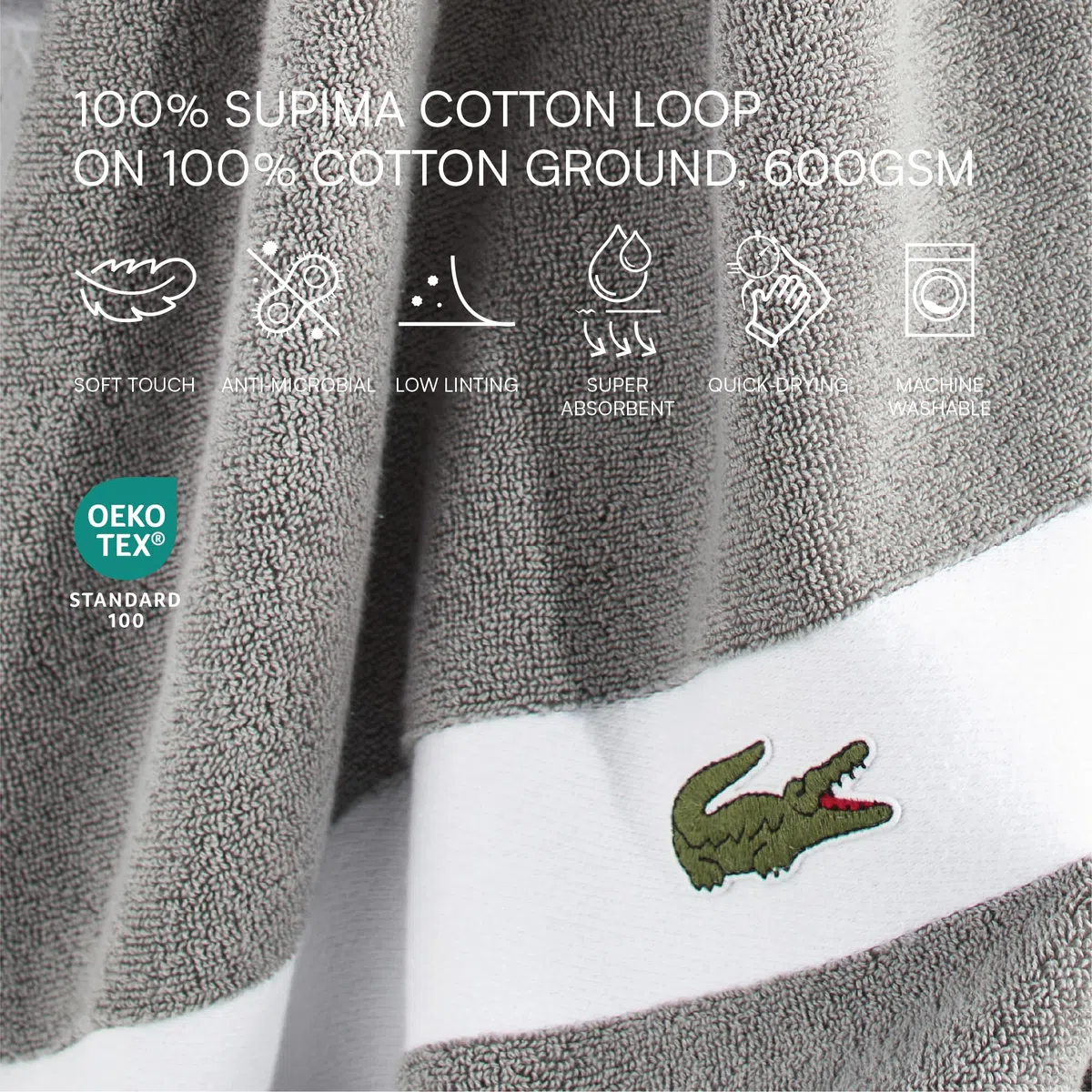 Lacoste Sport Stripe - Juego de Toallas de Lujo de algodón de 6 Piezas, 2 Toallas de baño, 2 Toallas de Mano, 2 paños de baño, meteorito