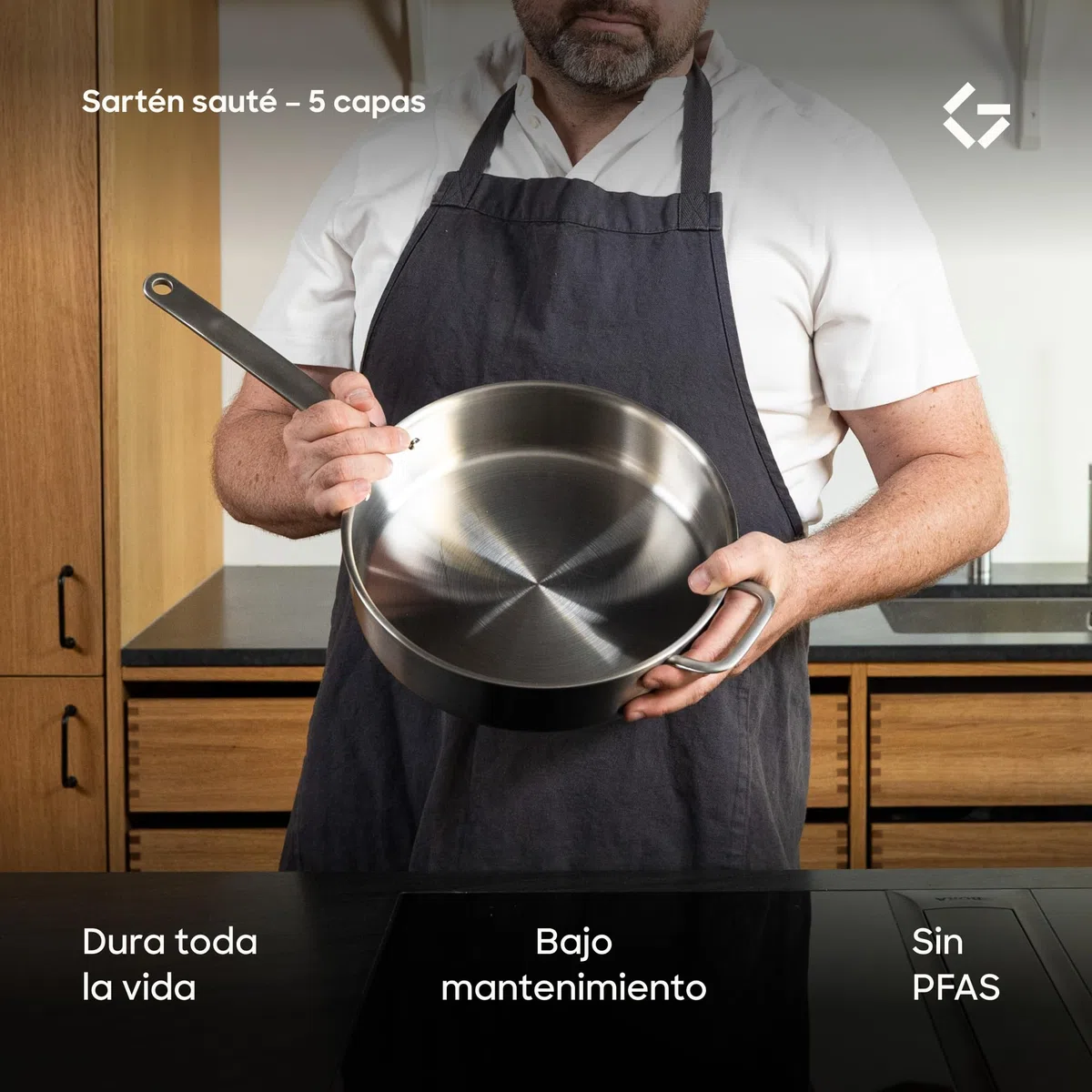 Gastrotools Sartén de acero inoxidable de 28 cm con tapa, sartén de acero inoxidable de 5 capas, sartén universal con asa CoolGrip, libre de PFAS, apta para todo tipo de cocinas