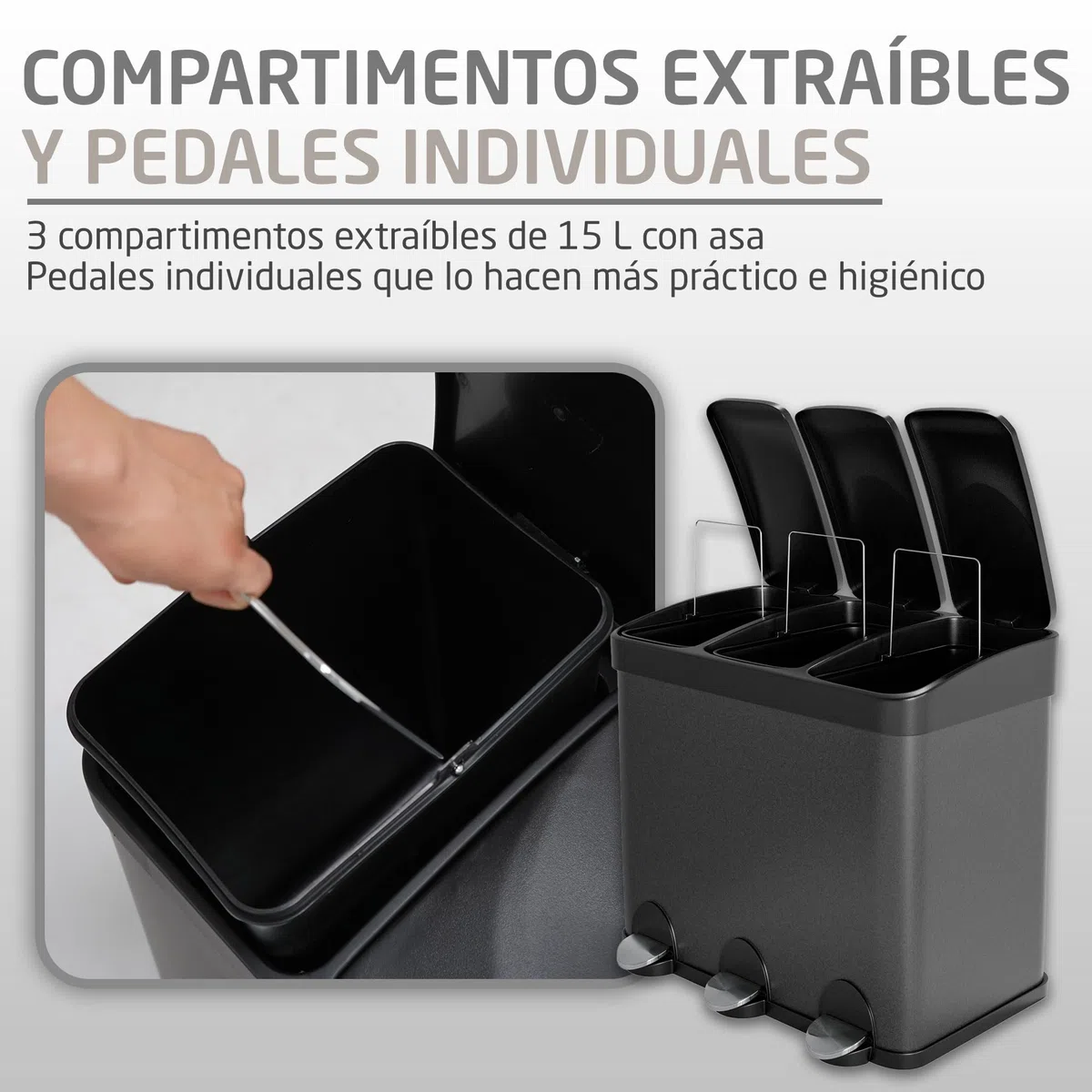 Amig - Cubo de Basura Triple con Pedales 45 litros - 3 Compartimentos Extraíbles de 15 litros - Cubo de Reciclaje para Cocina - Acero - 60 x 37 x 49 cm - Negro Mate