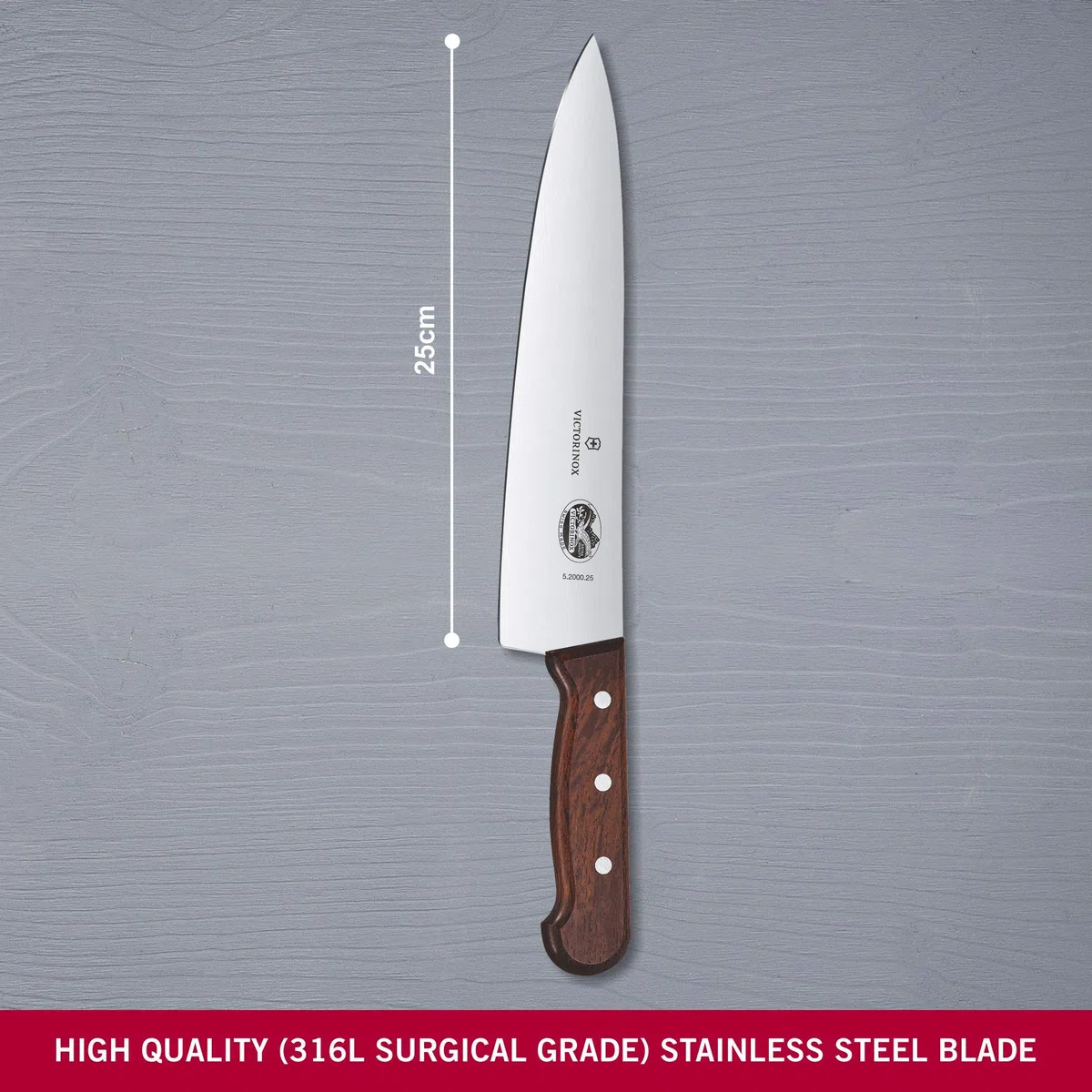 Victorinox Wood, cuchillo de trinchar profesional, hoja extra afilada, afilado recto, 25 cm, elegante mango de madera, acero inoxidable, marrón