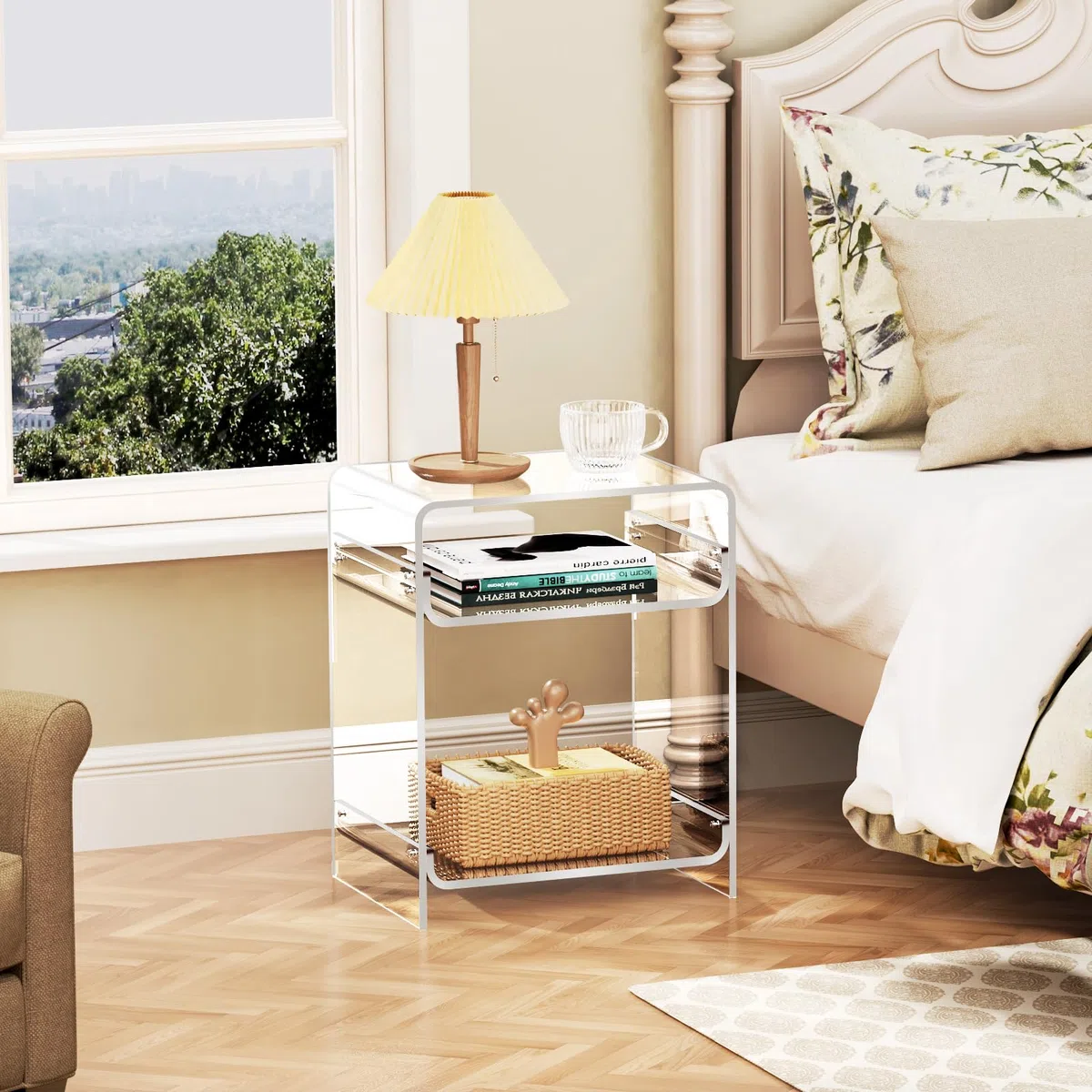 Mesa Auxiliar de Acrílico, Mesita de Noche, pequeña Transparente para Sala de Estar, Dormitorio (Claro)