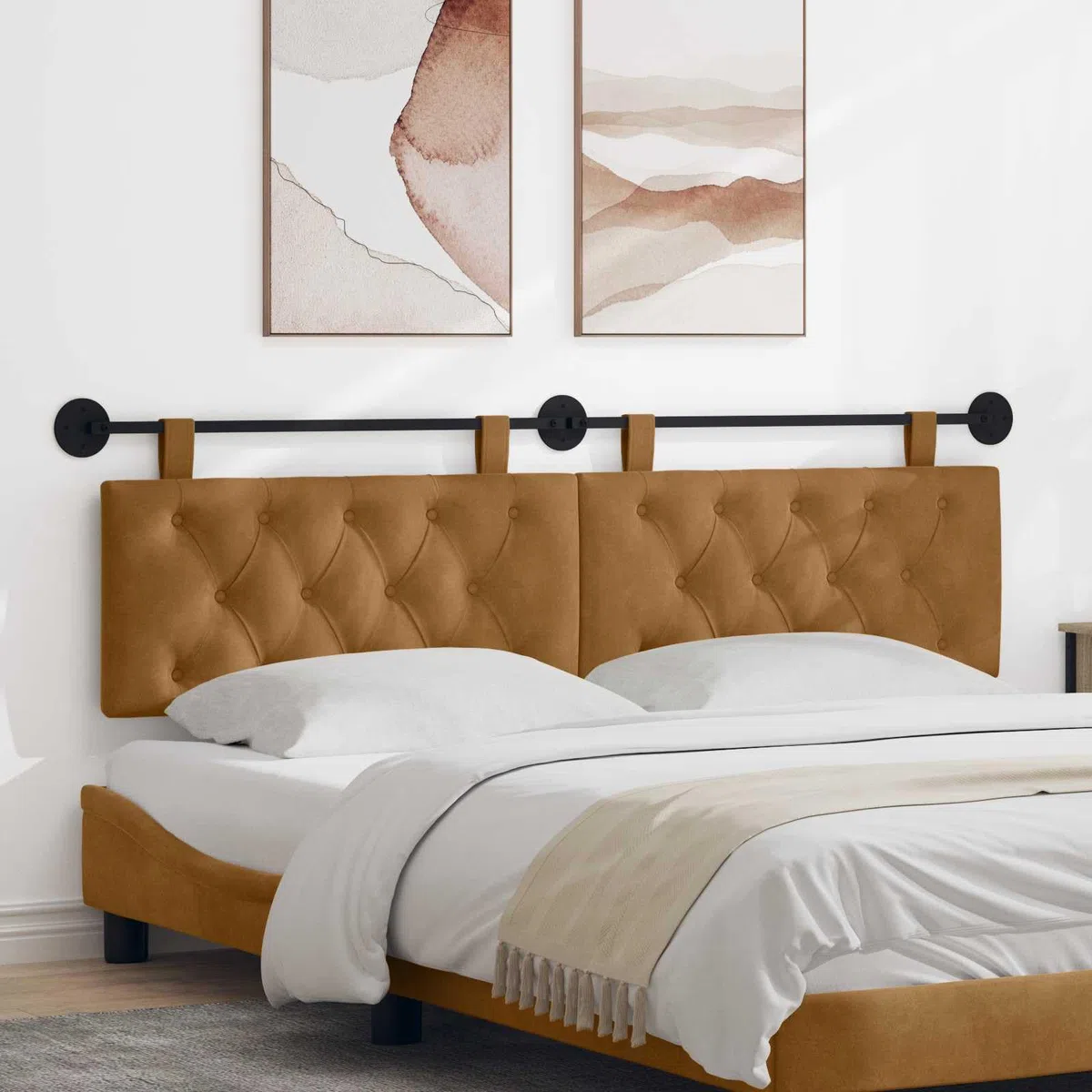 vidaXL Cabecero Colgante con luz LED Marrón Terciopelo, Cabecera Moderna para Dormitorio, tapizada en Terciopelo, de Madera, Ahorra Espacio y es Decorativa