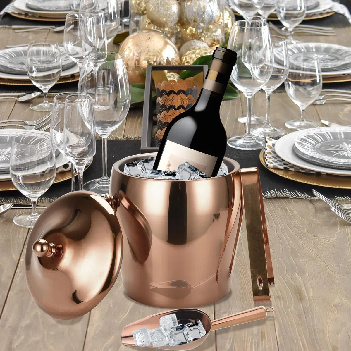 Cubo de hielo aislado de doble pared con pinzas de hielo, pala, tapa, cubo de hielo de acero inoxidable para cócteles, fiestas en casa, cubo de hielo mejorado con tapa, congelación para 6 h, 2 L