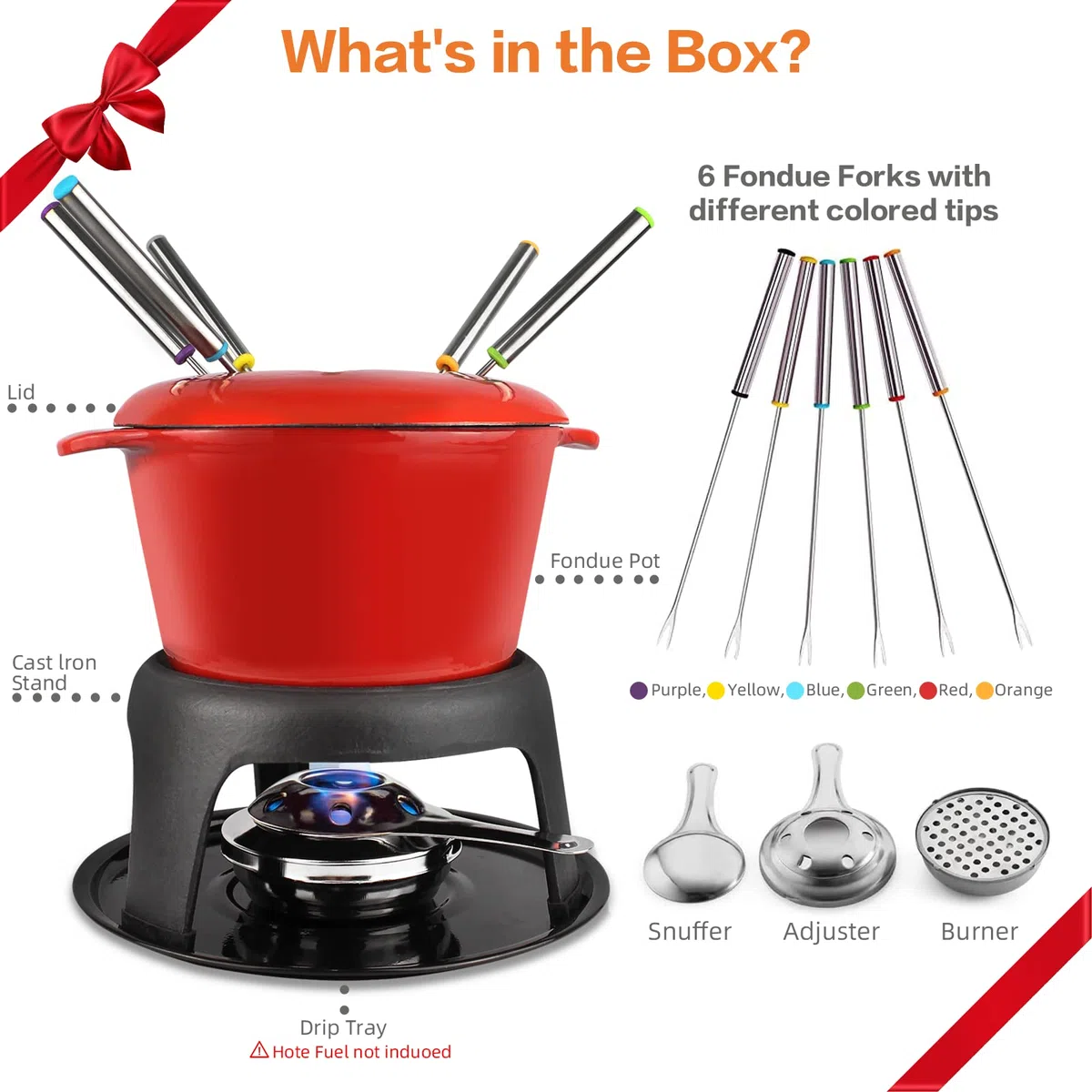 Todeco - Juego de Fondue de Hierro Fundido, Maquina para Hacer Fondue - Material: Hierro fundido - Tamaño: 27,5 x 21 x 21 cm - Rojo