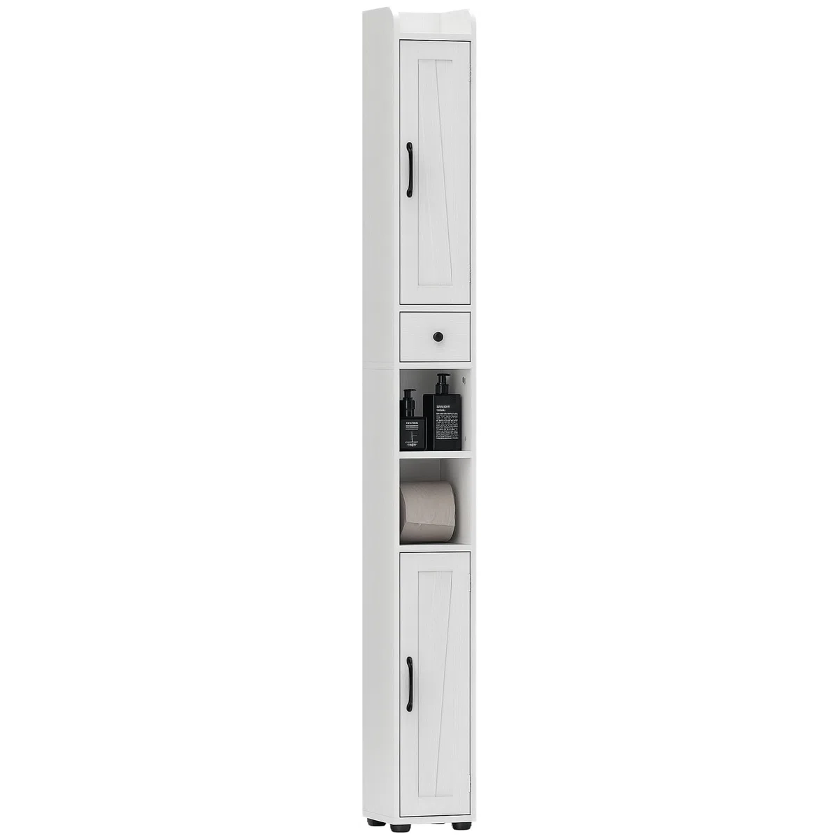 HOMCOM Columna de Baño Estrecha con 2 Puertas Armario Alto de Baño Rústico con Cajón Compartimento Abierto Estantes Ajustables y Portarrollos 20x20x185 cm Blanco