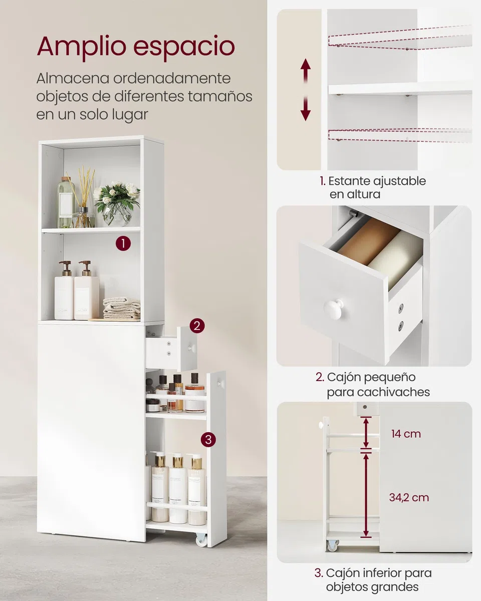 VASAGLE Armario de Baño Alto, Armario de Almacenamiento Delgado, con Cajones y Estante Ajustable, Armario para Espacios Pequeños, Estilo Moderno, Blanco Clásico BBK567T14