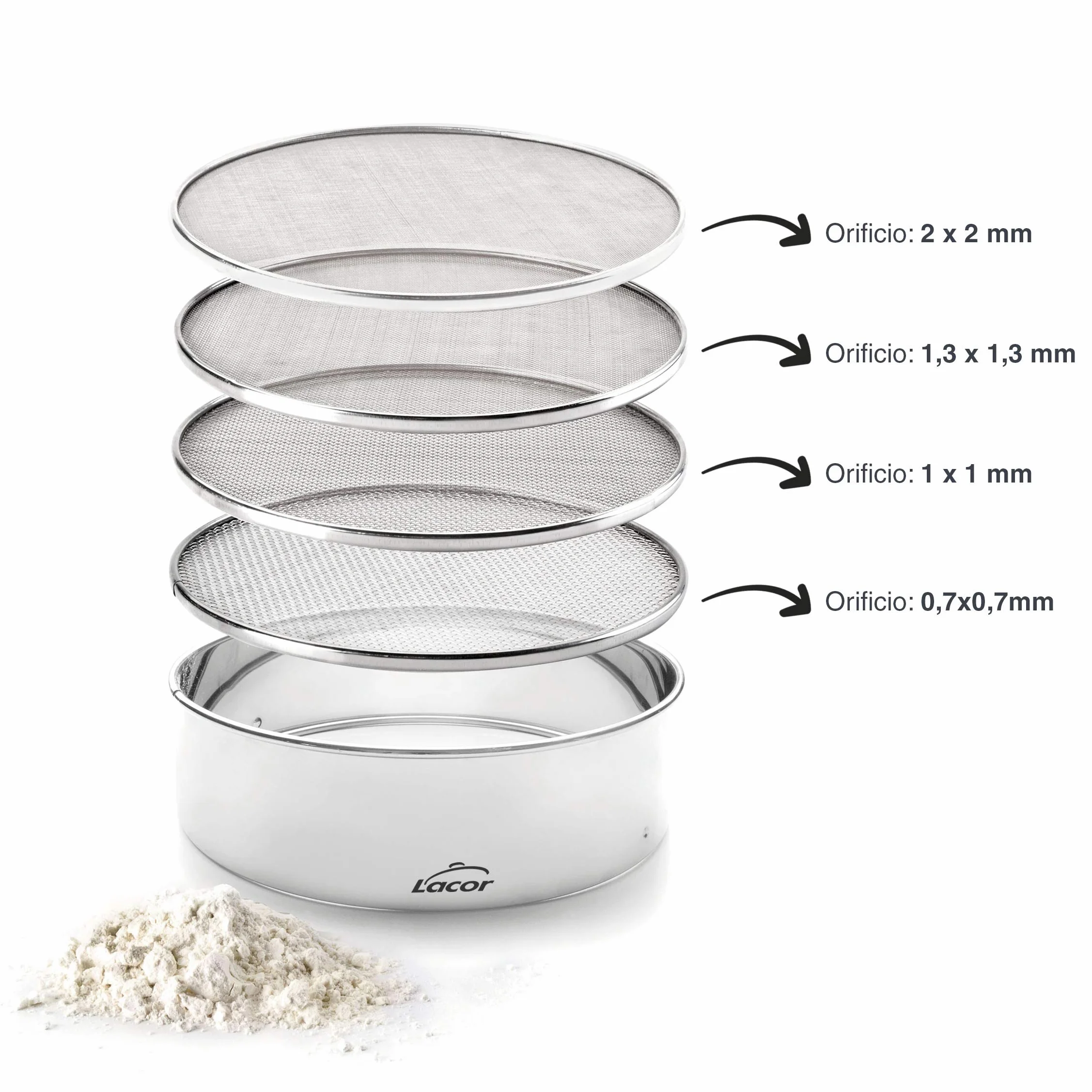 Lacor - 68342 - Tamiz intercambiable, Cedazo de Cocina, 4 mallas intercambiables, Tamizar harina, azúcar, cacao, Acero Inoxidable, Diámetro 25cm