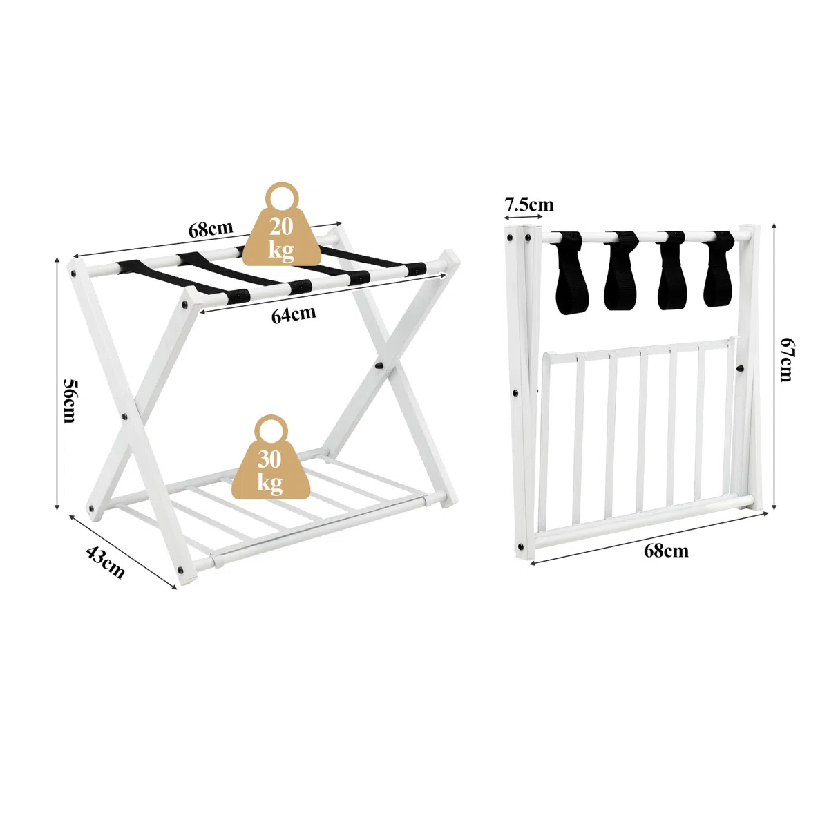 HOMASIS Estante para equipaje plegable, Soporte de metal para maletas y bolsas con estante, Portaequipajes con diseño de 2 niveles, para habitación, hotel, 68x43x56cm (Blanco, 2)