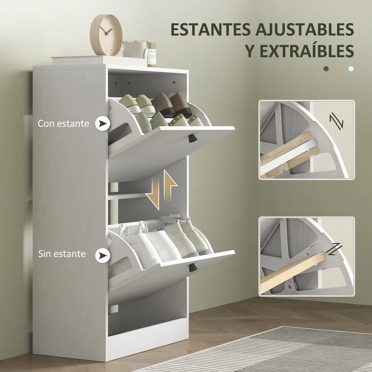 HOMCOM Zapatero Estrecho con 2 Puertas, Zapatero Entrada Recibidor con Estantes Ajustables, para 8 Pares de Zapatos, 47x26x85 cm, Blanco Veteado