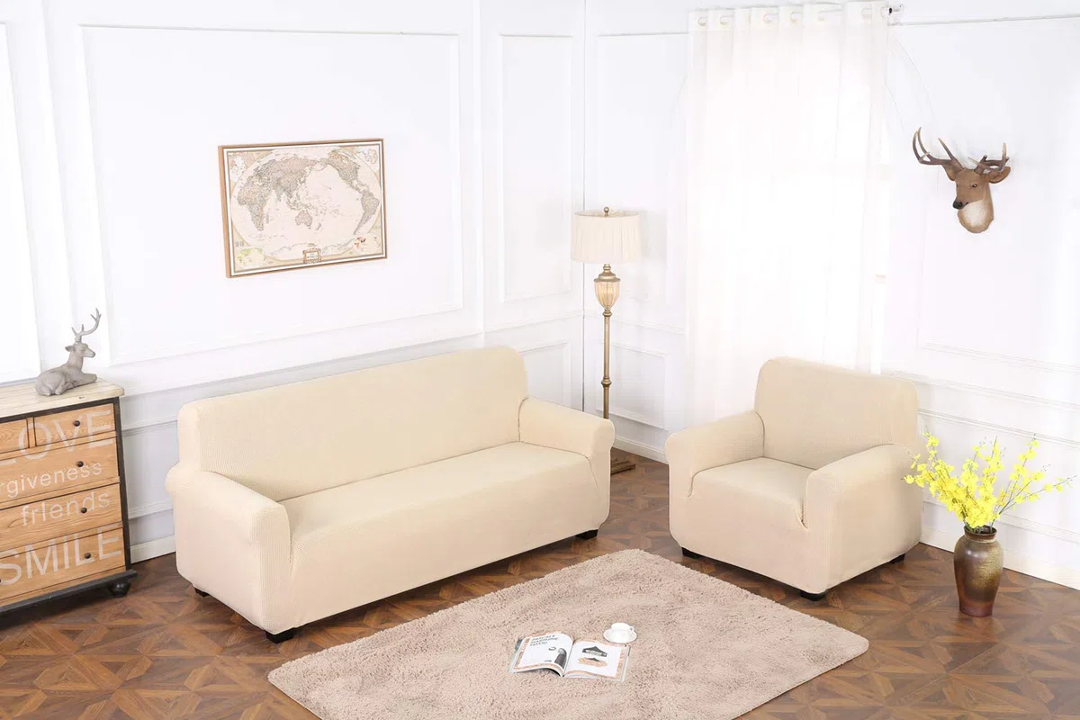 TIANSHU Funda Elástica para Sofá, Funda Sofa 3 Plaza, Ajustables Fundas Sofa Elasticas, Proteger el sofá, Funda de Sofá con Reposabrazos Antideslizante Antimanchas Lavable (Beige)