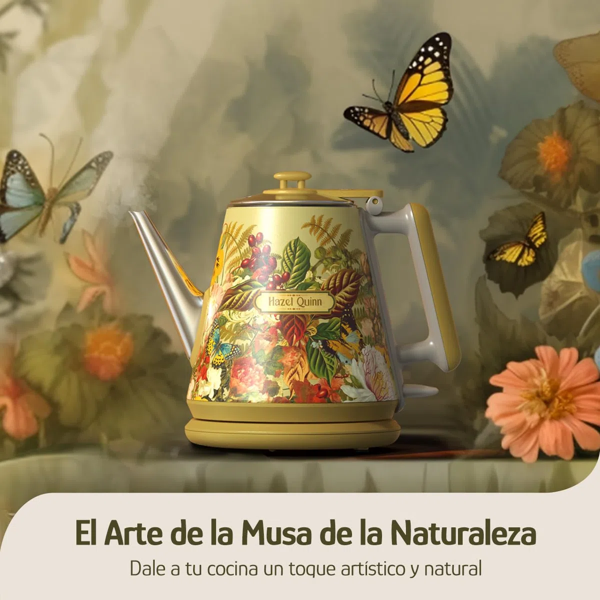 Hazel Quinn X Eduardo Recife Colaboración Hervidor Agua Eléctrico, Pared Doble, Acero Inoxidable 304, 1360 W de Hervido Rápido, Libre de BPA, Apagado Automático, 1 Litro, Impresión Floral