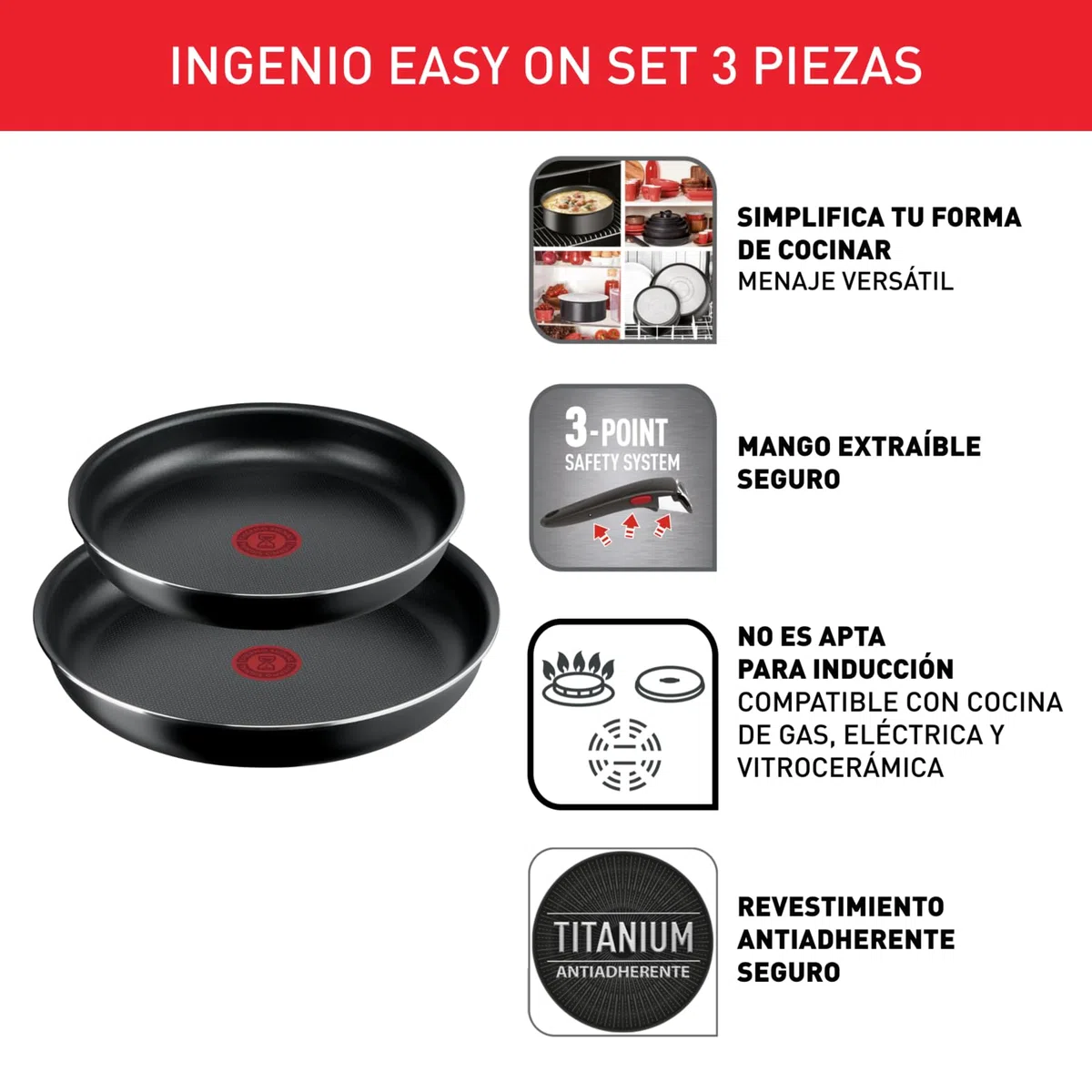 Tefal Ingenio Easy On Juego de 3 Sartenes 22/24/26 cm con mango extraíble, diseño apilable, cocción uniforme, fácil limpieza, sistema de fijación seguro, color negro, sin compatibilidad con inducción