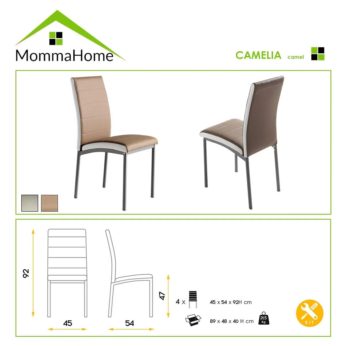 MOMMA HOME Set de 4 Sillas - Modelo Camelia - Color Camel/Blanco - Material Ecopiel/Metal - Medidas 45 x 54 x 92 cm