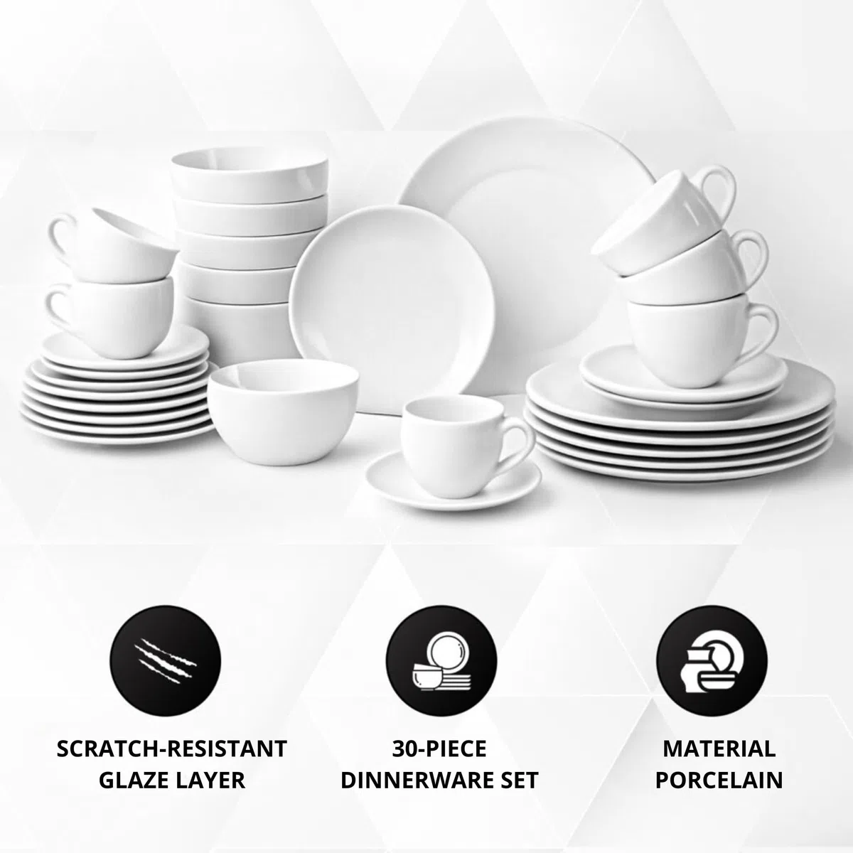 Bayt Juego de Vajilla de 30 Piezas, Vajilla Completa para 6 Personas de Porcelana, Platos y Cuencos Blancos, Apta para Lavavajillas y Microondas, Blanco