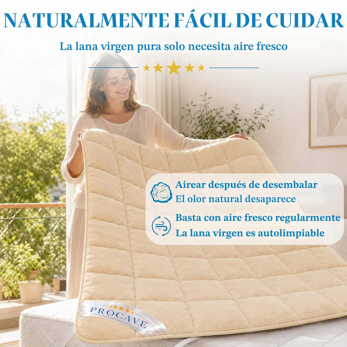 PROCAVE Protector de colchón Acolchado de Lana Virgen,Funda Transpirable para Cama, Cubrecolchón con 4 Gomas angulares 160x200 cm