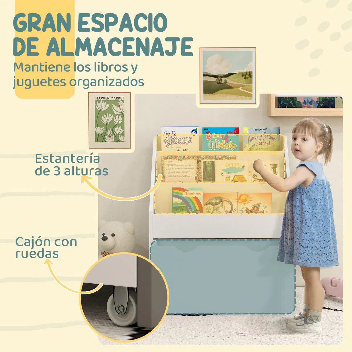 AIYAPLAY Estantería de Juguetes con 3 Compartimentos, Librería Infantil, Caja de Juguetes Móvil, Cajón con Ruedas, Multifuncioanl, para Dormitorio, Guardería, Sala de Juegos, Blanco