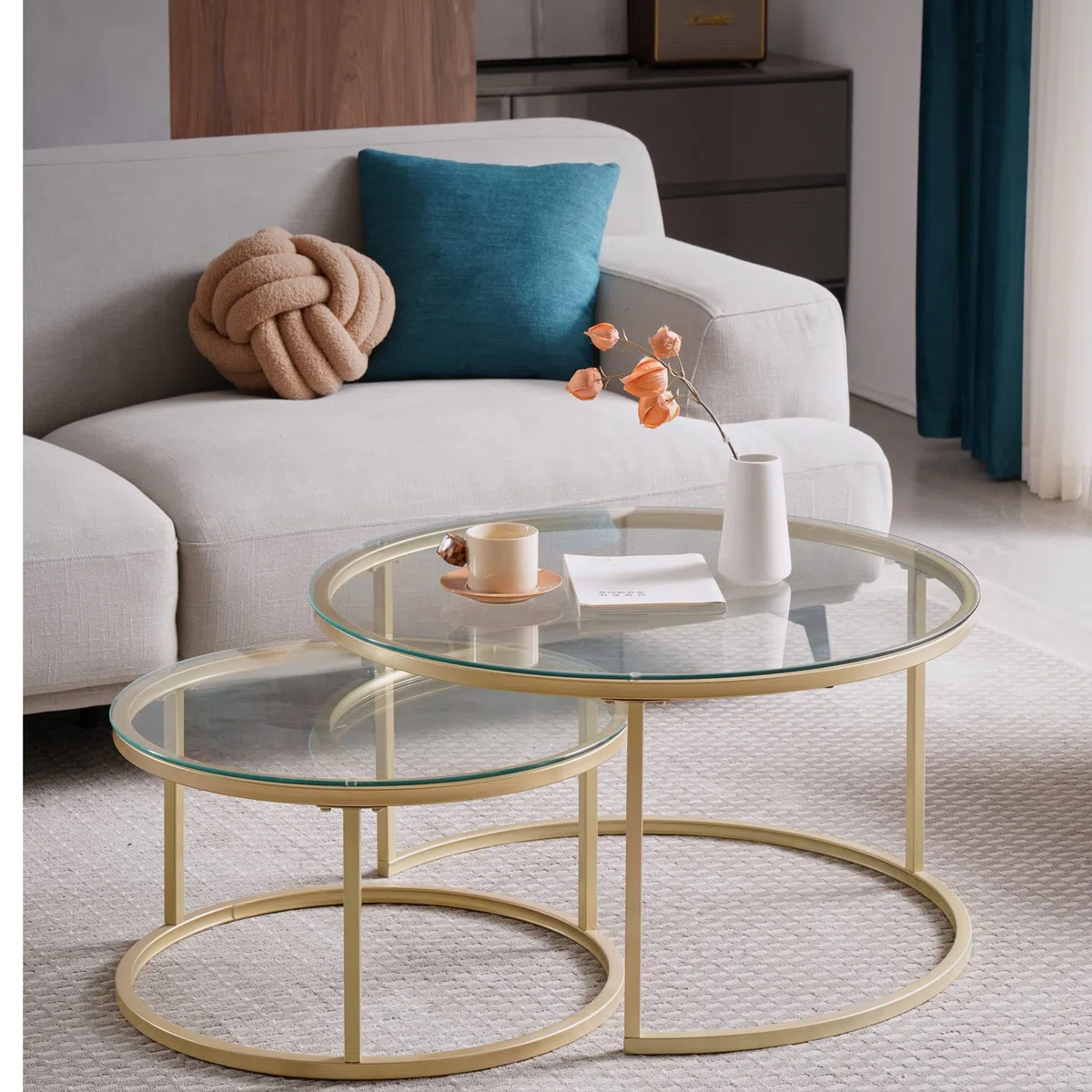 Conjunto de 2 Mesas de Centro Redondas, Mesas de Centro, Grande: 60 x 60 x 45 cm; Pequeña: 40 x 40 x 35 cm, Mesa Auxiliar Redonda, Tapa de Mesa de Vidrio Templado, Dorado Y Vidrio