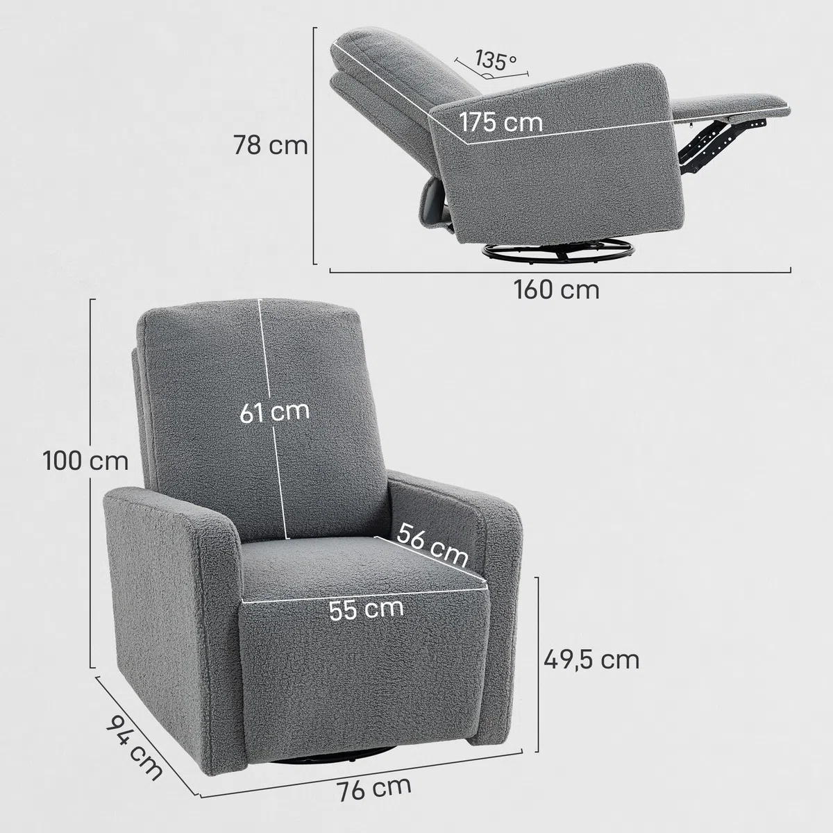 HOMCOM Sillón Relax Reclinable Manual, Sillón Relax de Borreguito con Reposabrazos, Reposapiés, Acolchado Grueso, Función de Balanceo 360°, Butaca Reclinable hasta 135º para Salón, Dormitorio, Gris
