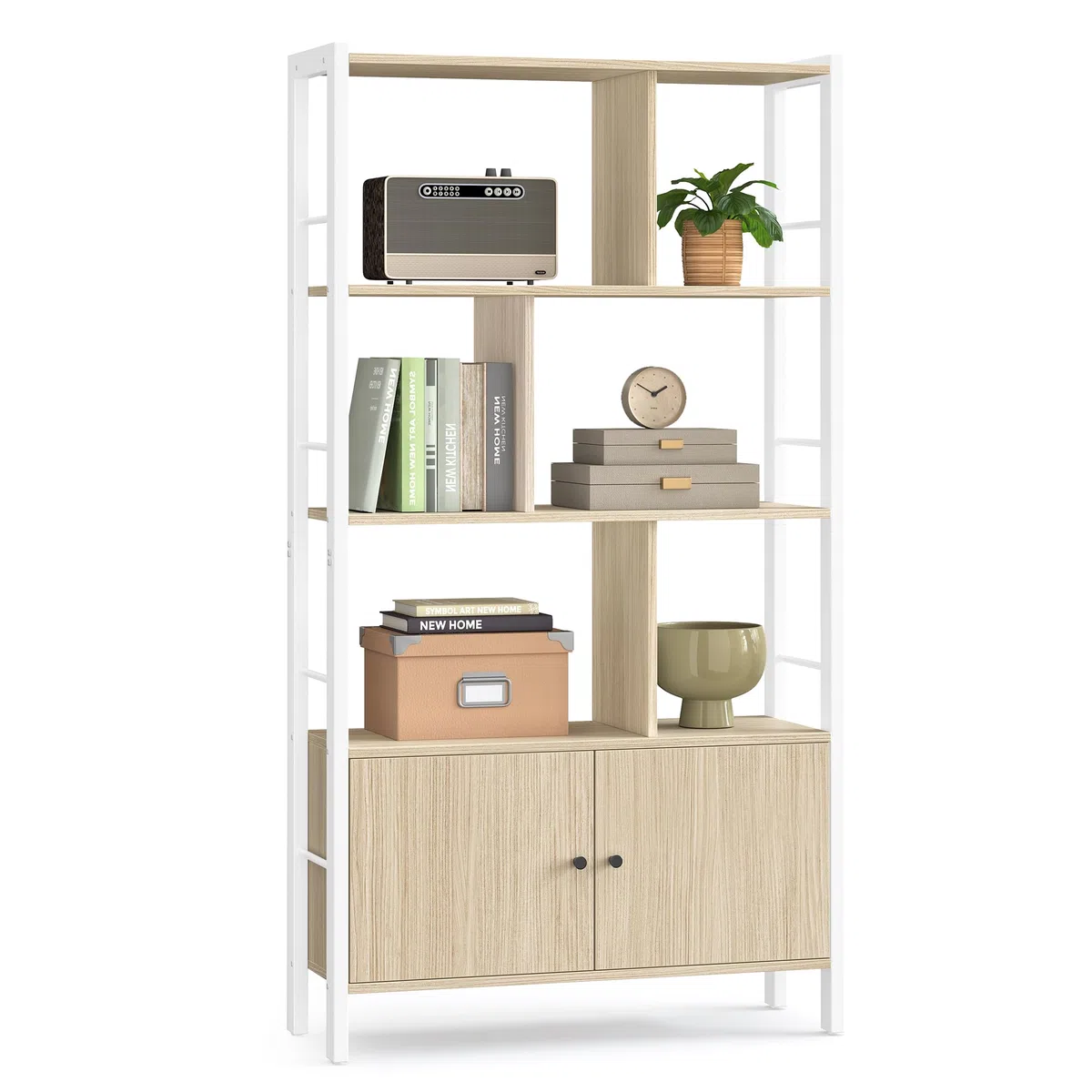 VASAGLE Biblioteca, Librería de 4 Niveles, Estantería con Puertas, Armario de Libros, Marco de Acero, para Salón, Estudio, Oficina, Cocina, Moderno, Beige Natural y Blanco Nube LBC022LL01