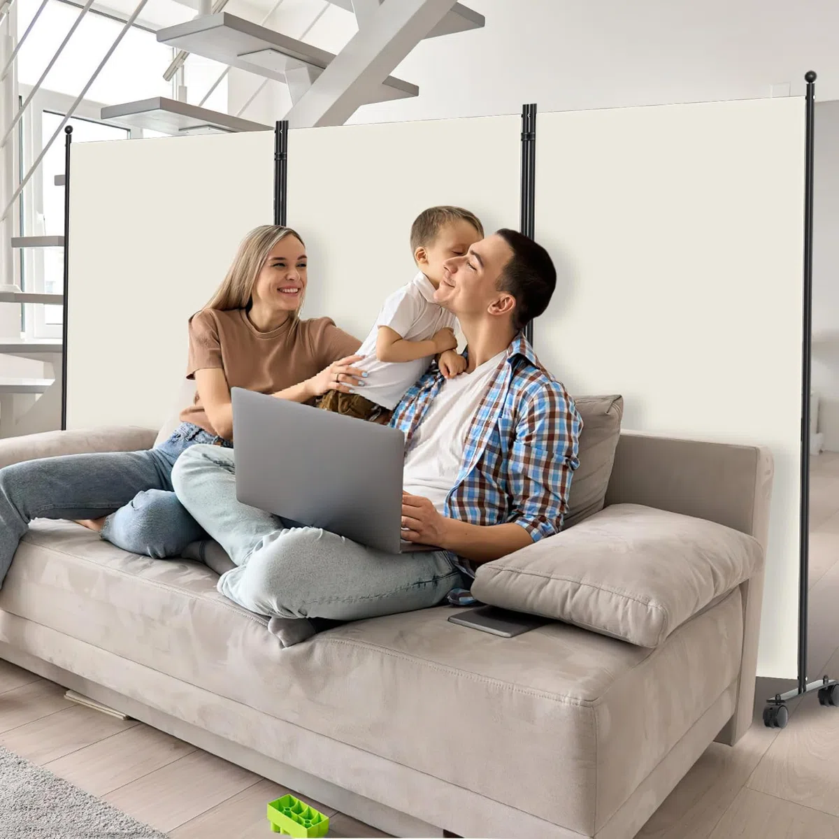 Biombo biombo con ruedas, divisor plegable de 3 piezas, 263 x 181 x 30 cm, para dormitorio, protección visual de fibra de poliéster, fácil instalación (beige)