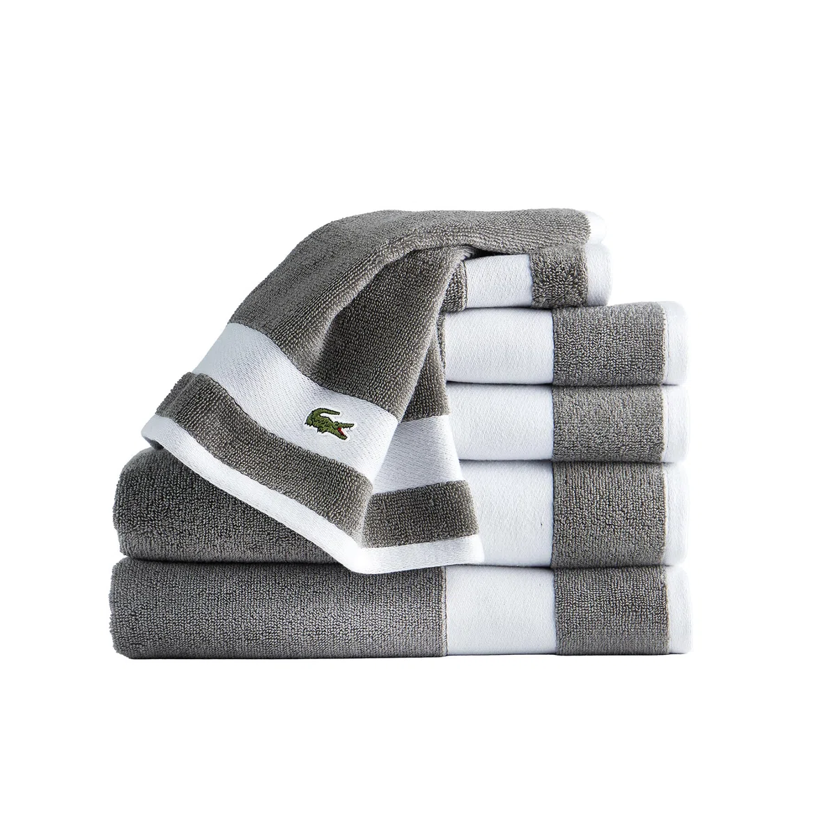 Lacoste Sport Stripe - Juego de Toallas de Lujo de algodón de 6 Piezas, 2 Toallas de baño, 2 Toallas de Mano, 2 paños de baño, meteorito