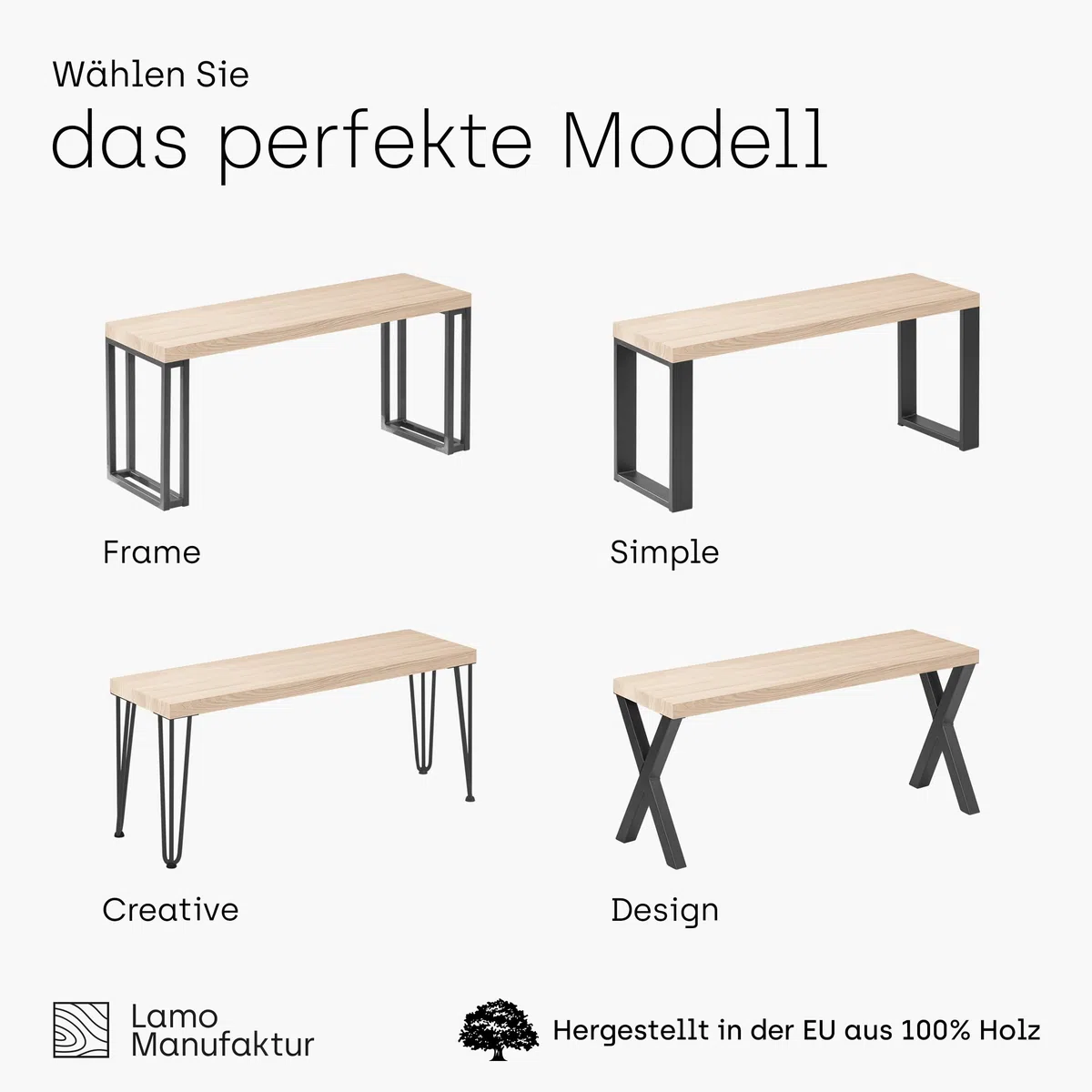 LAMO Manufaktur Banco para Mesa de Comedor 30x100x47 cm (Ancho x Largo x Alto), Patas para Muebles Modelo Simple Gris/Asiento Natural, LSB-01-A-002-100-7016S