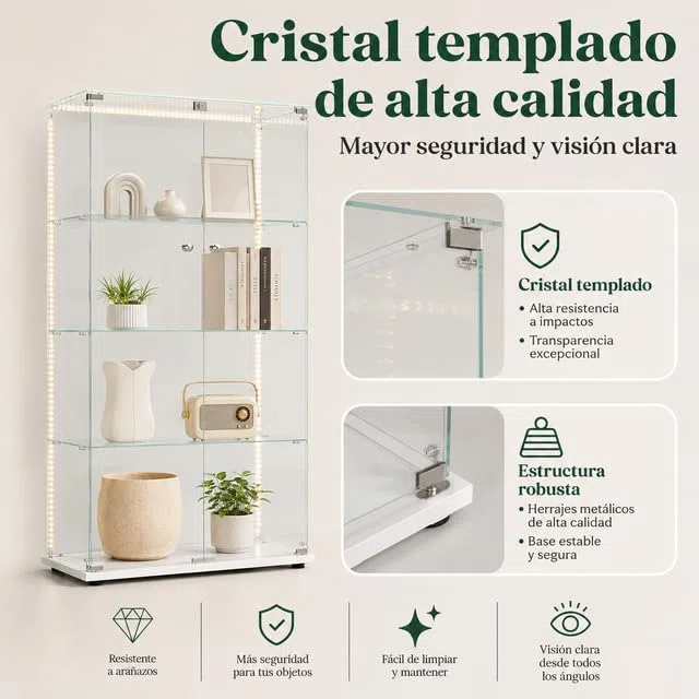 Vitrina de Cristal con LED y Cerradura, Armario Vitrina 78,5 x 35 x 163 cm, Vitrinas de Exposición de 4 Niveles con Estantes Regulables, Mueble Vitrina para Salón, Oficina, Figuras y Libros,Blanco-D