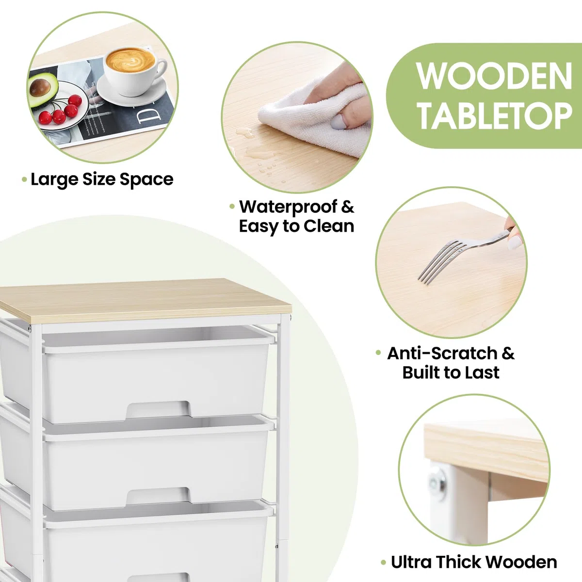 Carro con ruedas de 6 cajones con placa de madera - Fuerte contenedor con ruedas de plástico, carrito de almacenamiento móvil para oficina, habitación infantil y sala de manualidades - Carro de baño