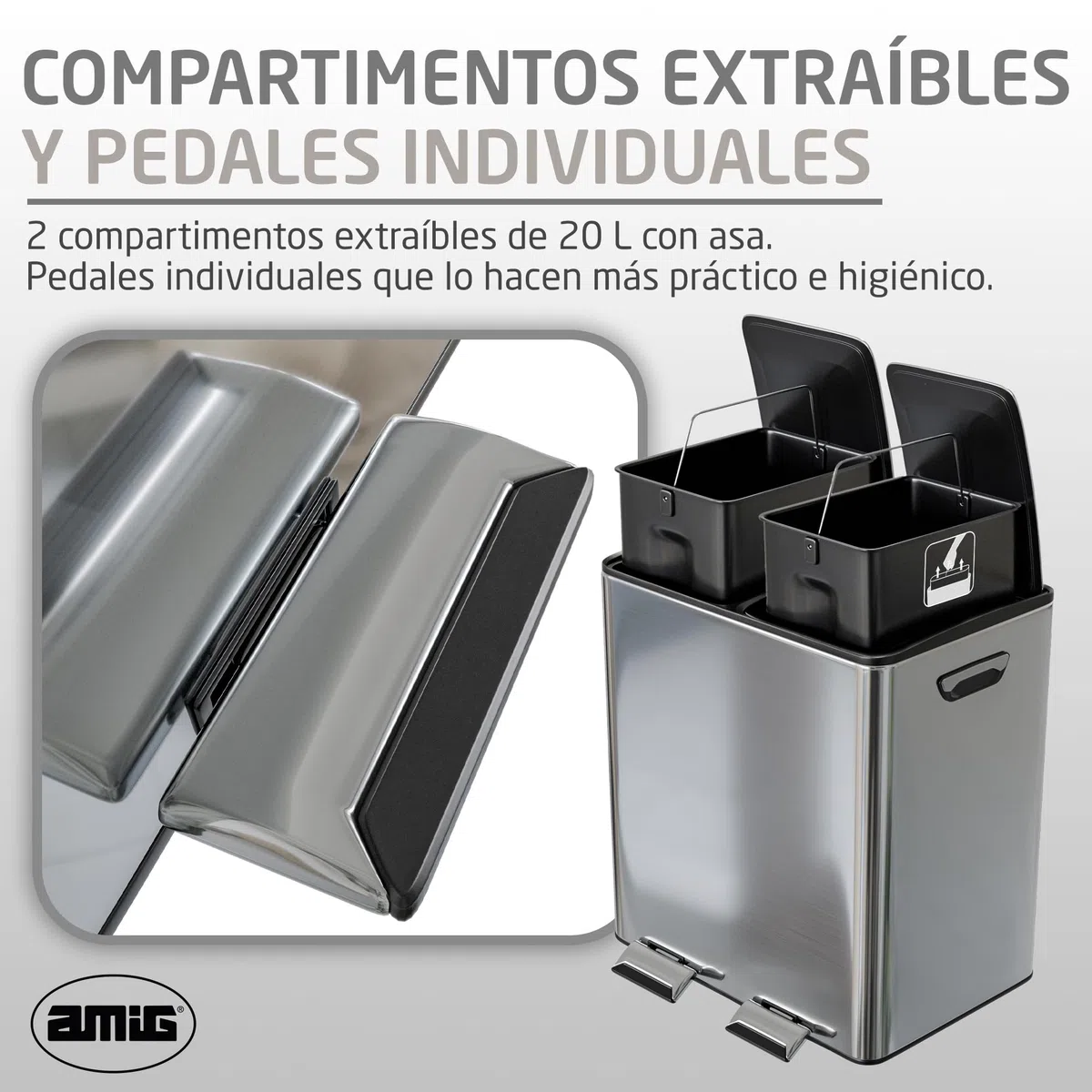 Amig - Cubo de Reciclaje Doble con Pedales Mod. RECIK EVO 40 L - 2 Compartimentos x 20 L - Acero inoxidable - 45 x 30 x 52 cm - Plateado