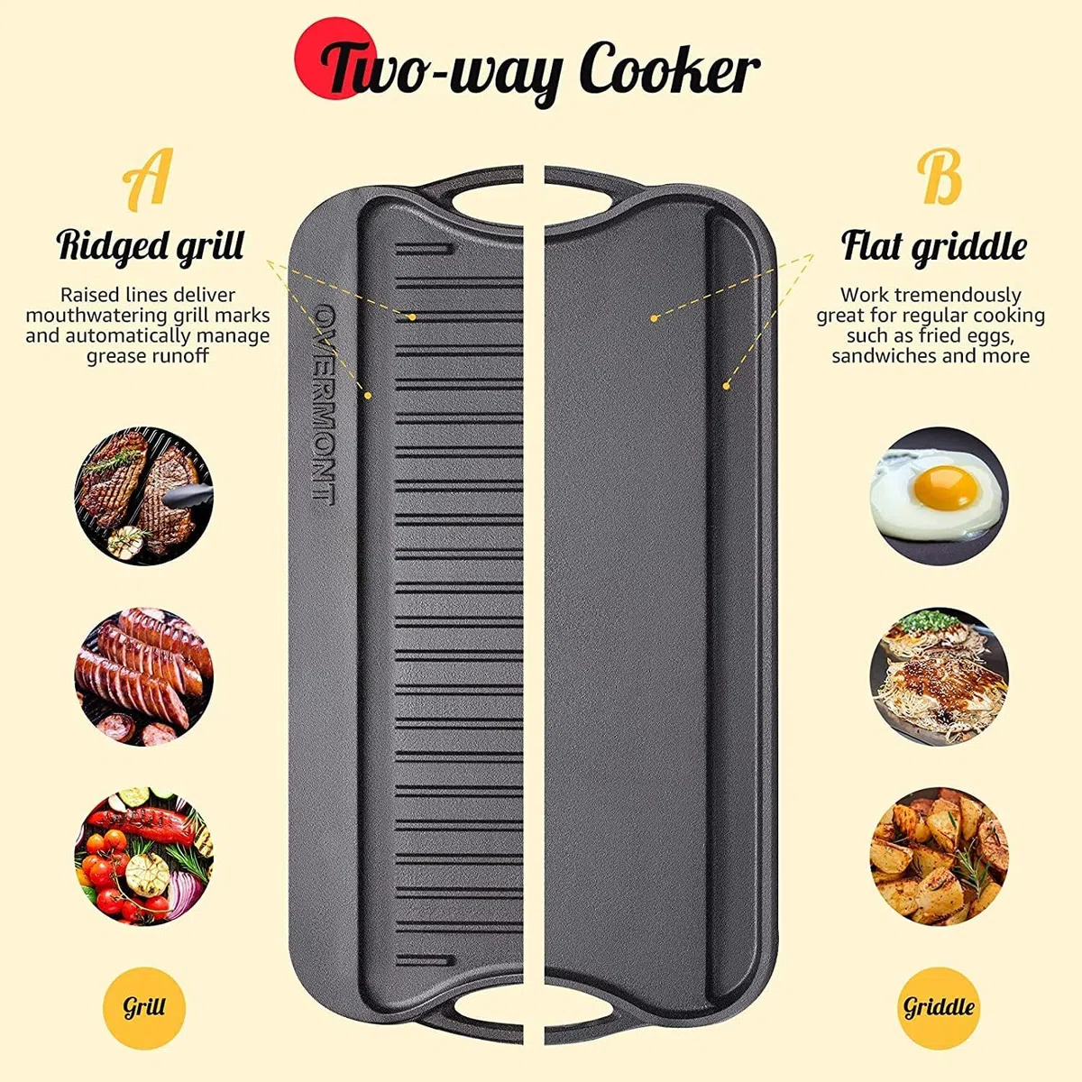OVERMONT Parrilla reversible de hierro fundido pre-sazonado con asas para estufa de gas, horno de fuego abierto, 43,18 x 24,89 cm, una bandeja, raspadores incluidos