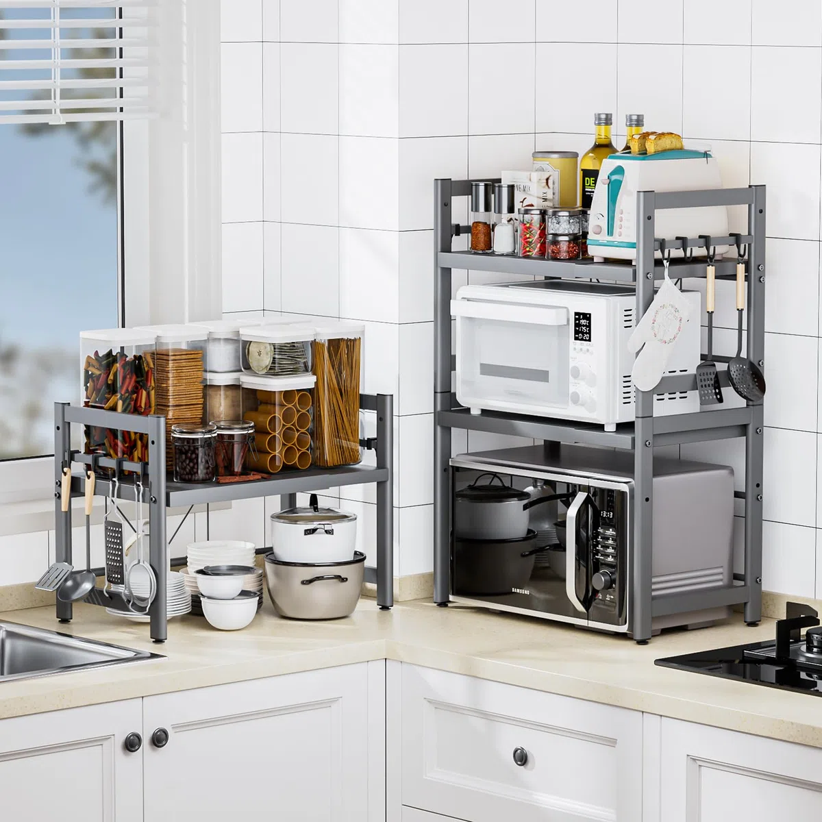 Soporte para Microondas y Horno Cocina 3 Niveles, Estanteria para Microondas Encimera con 8 Ganchos, Mueble Extensible Microondas Cocina