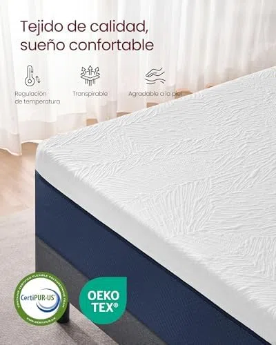 VASAGLE Colchón 90 x 190 cm, Colchón Individual, Espuma Viscoelástica con Gel, Firmeza Media Tirando a Suave en 7 Zonas, Funda Transpirable y Lavable a Máquina, Grosor 20 cm, Azul RMZ121QZ01