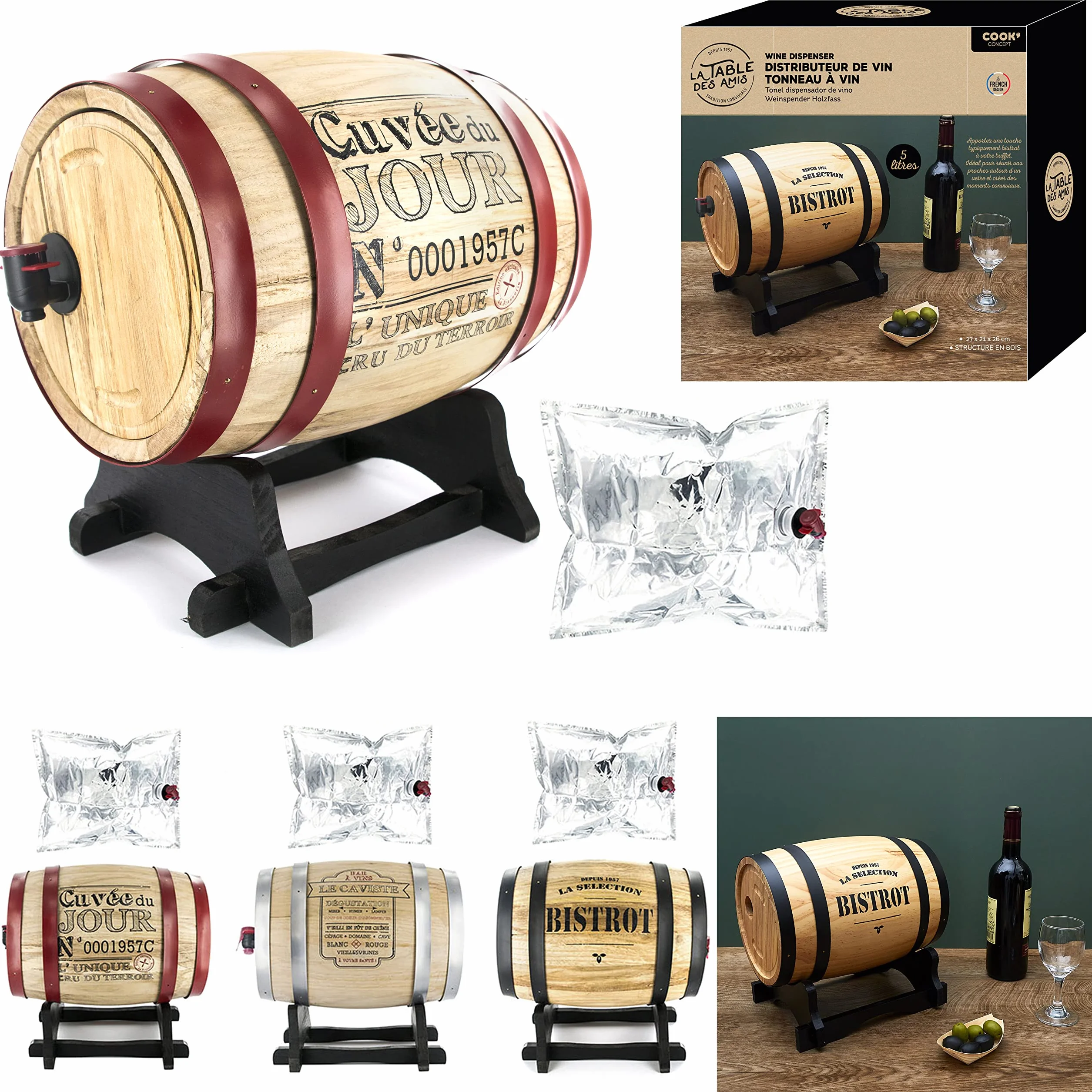 Bistrot KV7166, Dispensador de Vino, Barril Madera, 27 x 21.5 x 27.5 cm (Color variado)