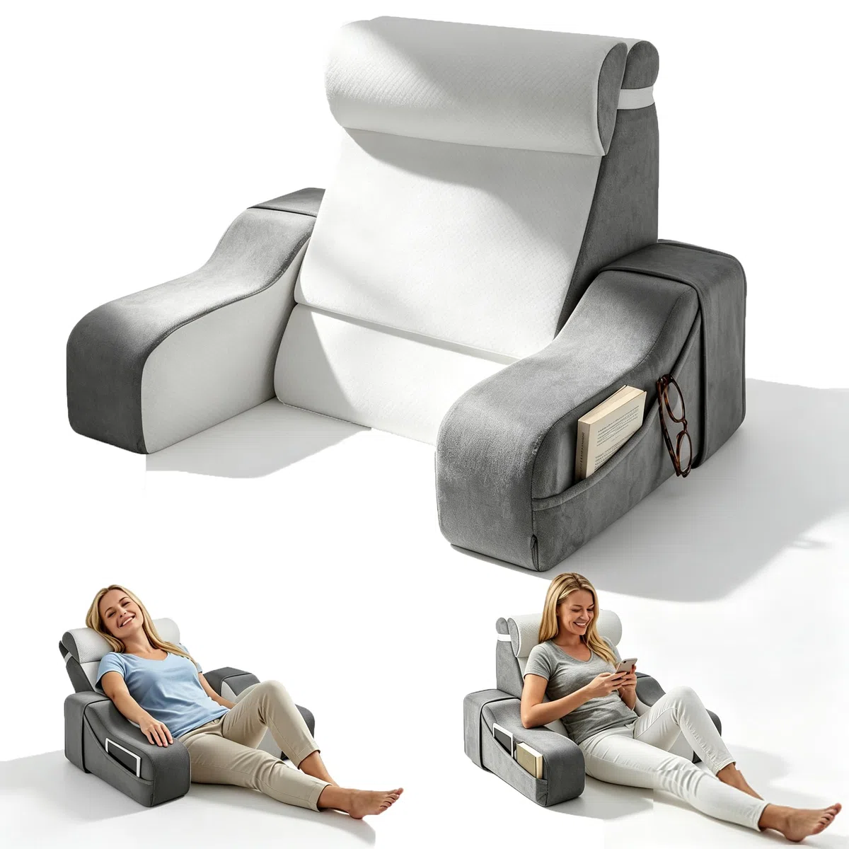 Cojín de lectura reversible 2 en 1 para cama y sofá, con reposabrazos y almohadas extraíbles, 2 ángulos de inclinación para el respaldo de 20° y 55 °, silla de cama para leer, jugar
