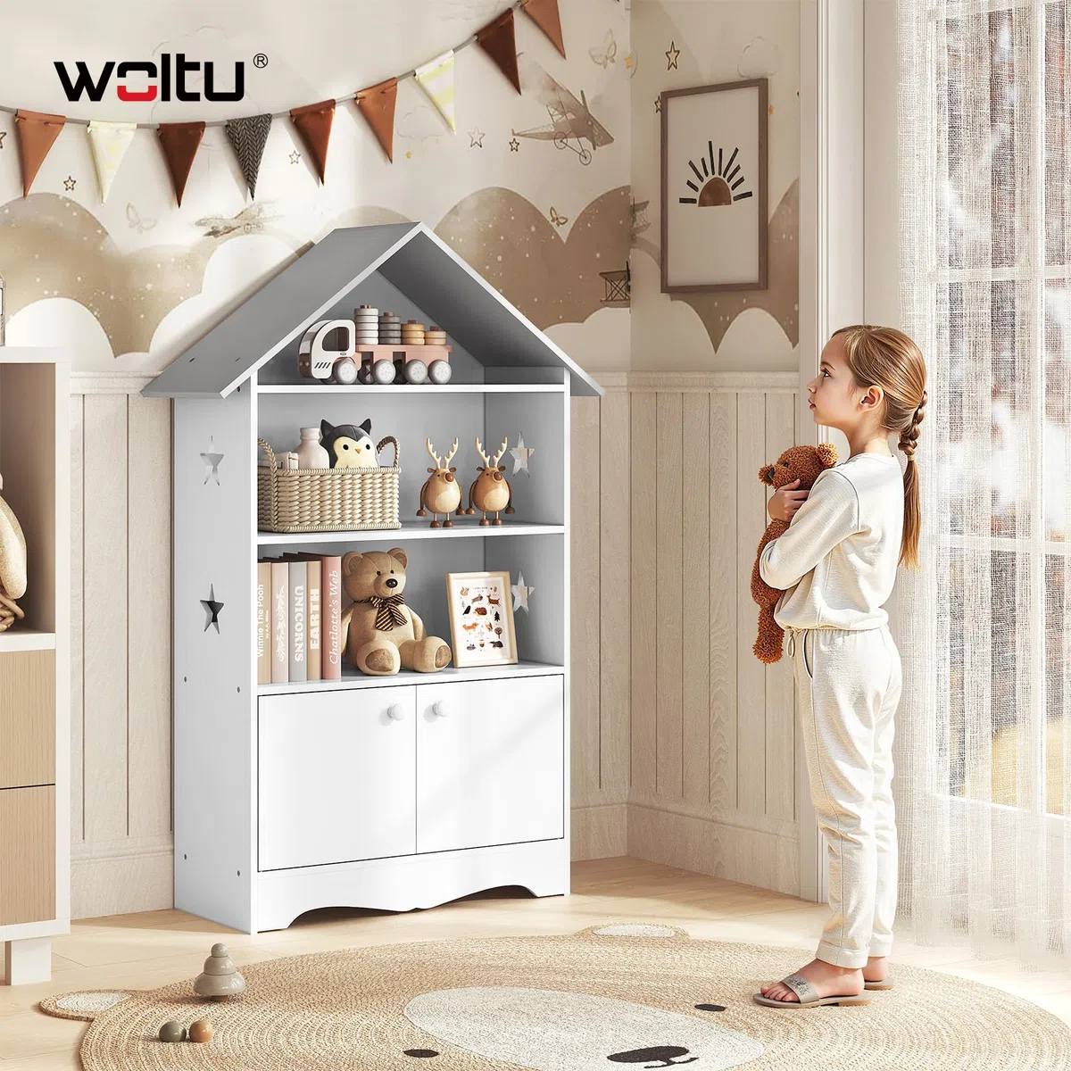 WOLTU Librería Infantil para Niños con 3 Estanterías Abiertos, Librero Organizador Multiusos, Estante para Dormitorio Blanca