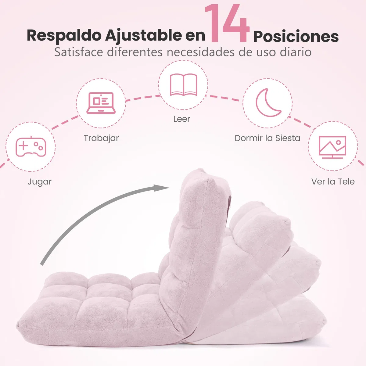 COSTWAY Sofá Suelo, Silla de Suelo Individual, Respaldo Ajustable en 14 Posiciones, Sofá Perezoso con Esponja Gruesa y Tela de Terciopelo, Silla Plegable de Meditación y de Lectura (Rosado Claro)