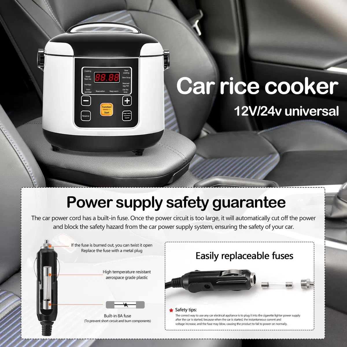 Olla Arrocera Para Coche, 12V/24V 200W Olla Arrocera PortáTil PequeñA Para Cocinar Arroz Sopa Y Gachas Reserva De 24 Horas Mantener Caliente Capacidad De 2L