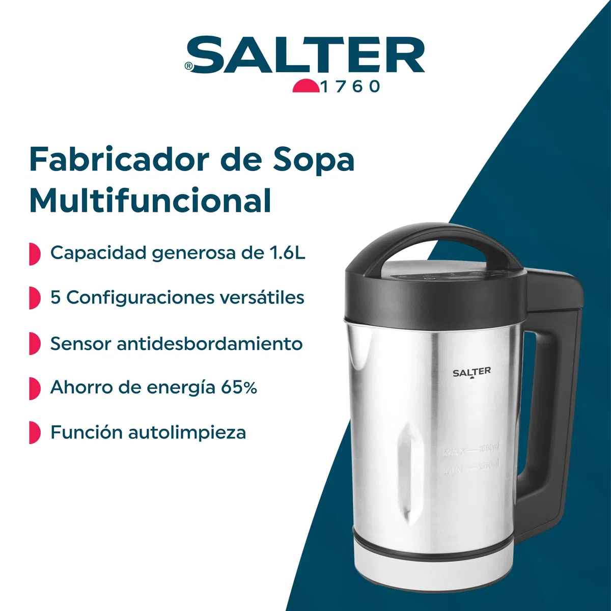 Salter Hacedor de Sopa Digital 1.6 L – Cocina de Sopa, Hervidor de Sopa y Mezclador, 5 Programas, Sensor Antidesbordamiento, Ideal para Grandes Cantidades, Apta para Leche Vegetal, 900 W