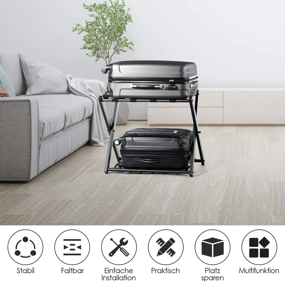 GYMAX Estante Plegable para Maletero, Portaequipajes Doble Capa, con 4 Correas Estables y Diseño de 2 Pisos, Estante de Equipaje Soporta hasta 60 kg, para Habitación de Huéspedes y Hotel (Negro, 2)