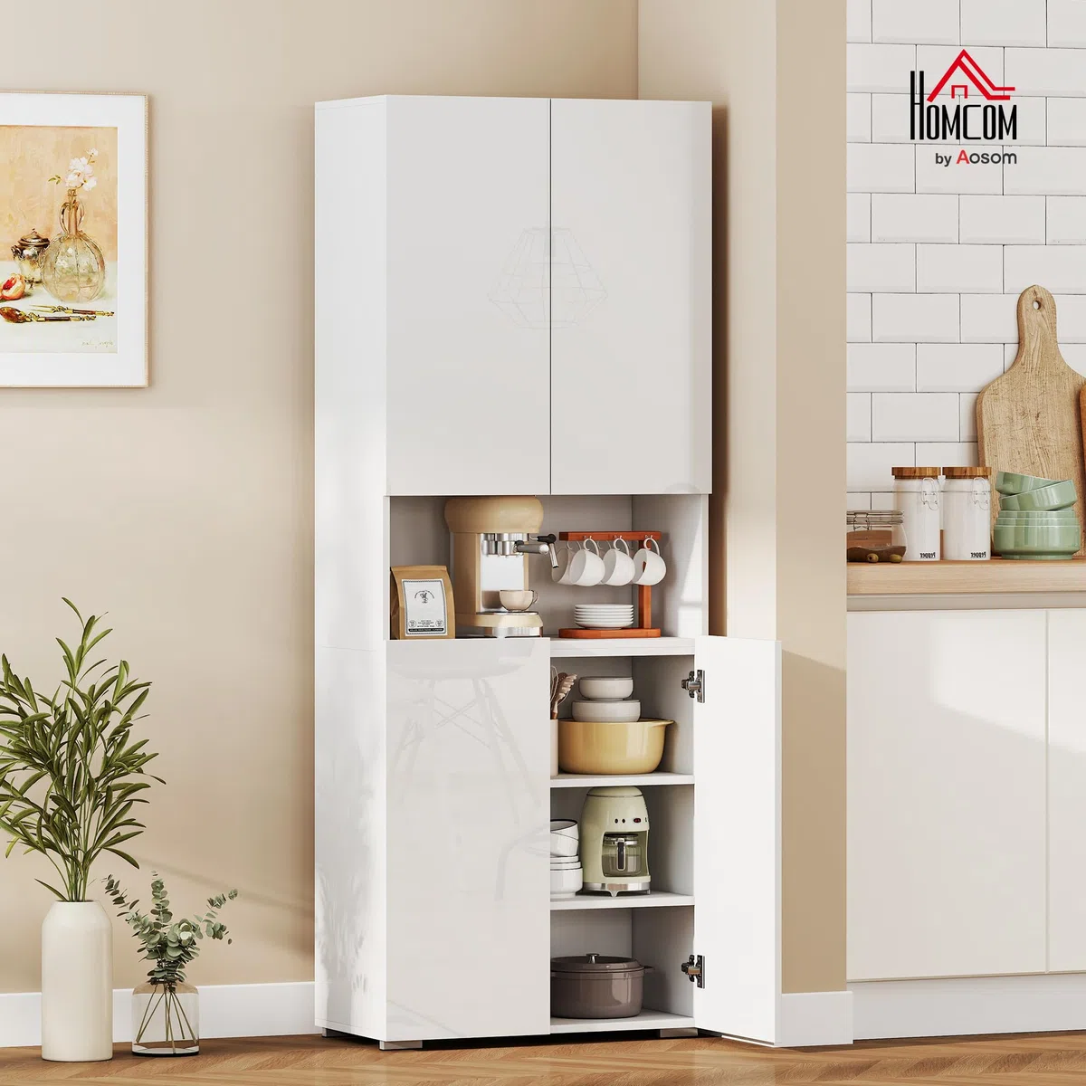HOMCOM Alacena de Cocina, Mueble Auxiliar de Cocina de Blanco Brillo con 4 Puertas, Compartimento Abierto, Estantes Ajustables, 68x34x180 cm