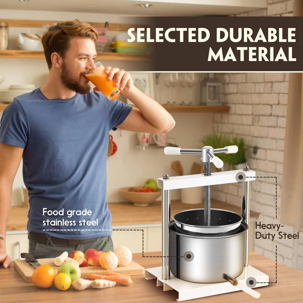 Aufun prensa de frutas 5L cesta de acero inoxidable, prensa de frutas prensa de vino 430 de acero, prensado de uvas, frutas, carne, hierbas, grasa, queso vegetal (5L)