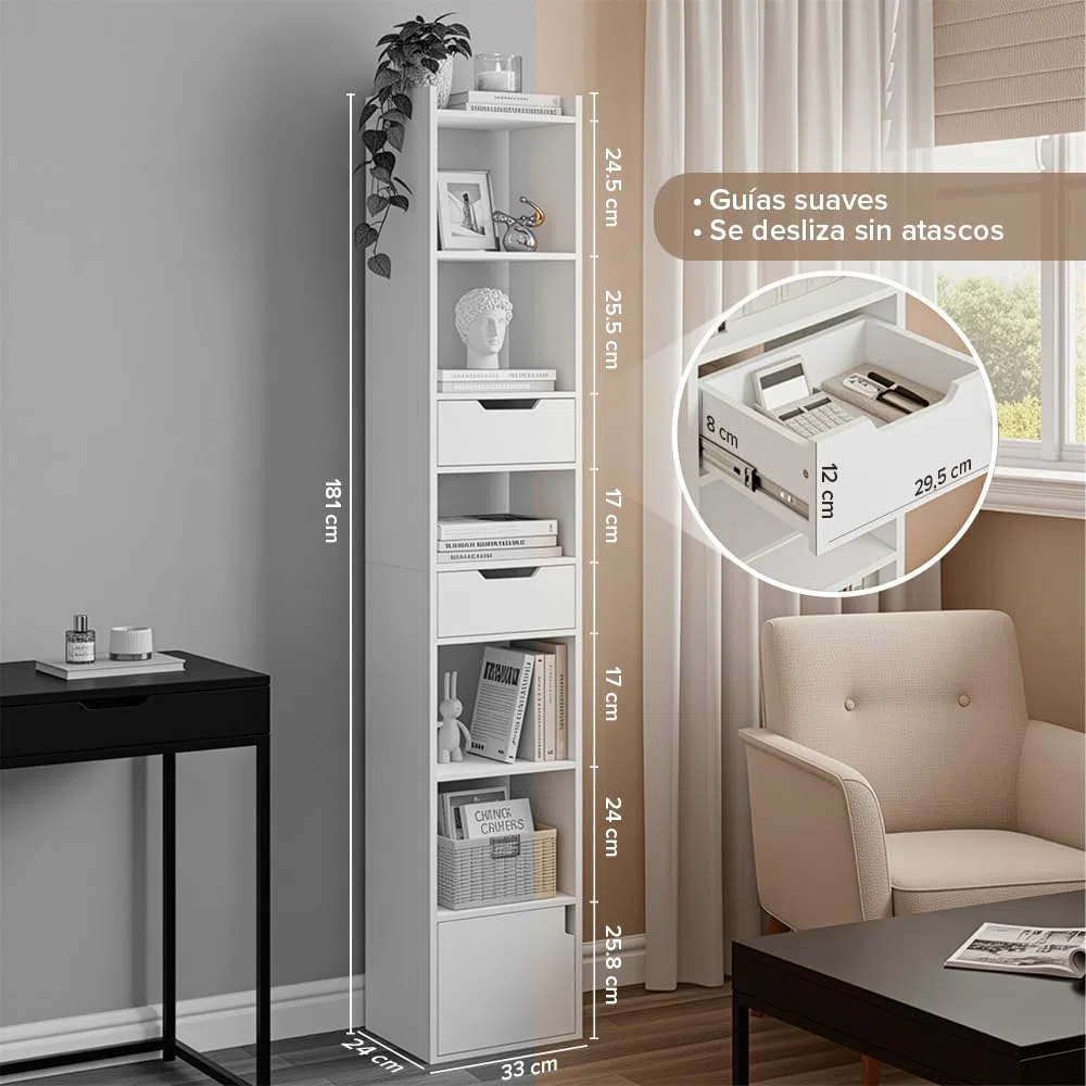 Marctani Libreria Estanteria Blanca con 6 Niveles y 3 Cajones - Estanteria Libros de Madera MDF - Libreria Estrecha y Alta con Almacenaje para Dormitorio, Salon, Baño. Book Shelf 33 x 24 x 181 cm