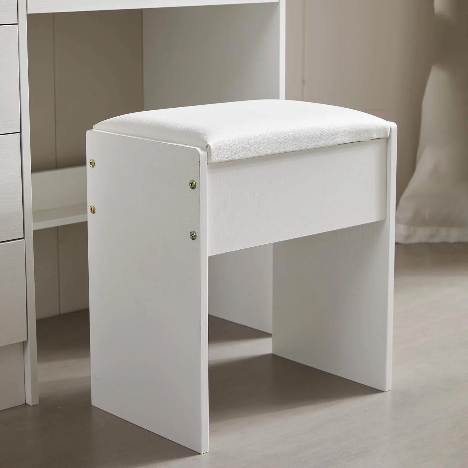 Taburete de Maquillaje de Terciopelo - Para Tocador, Piano y Dormitorio - Acolchado, Blanco, 43 x 40 x 23,5 cm