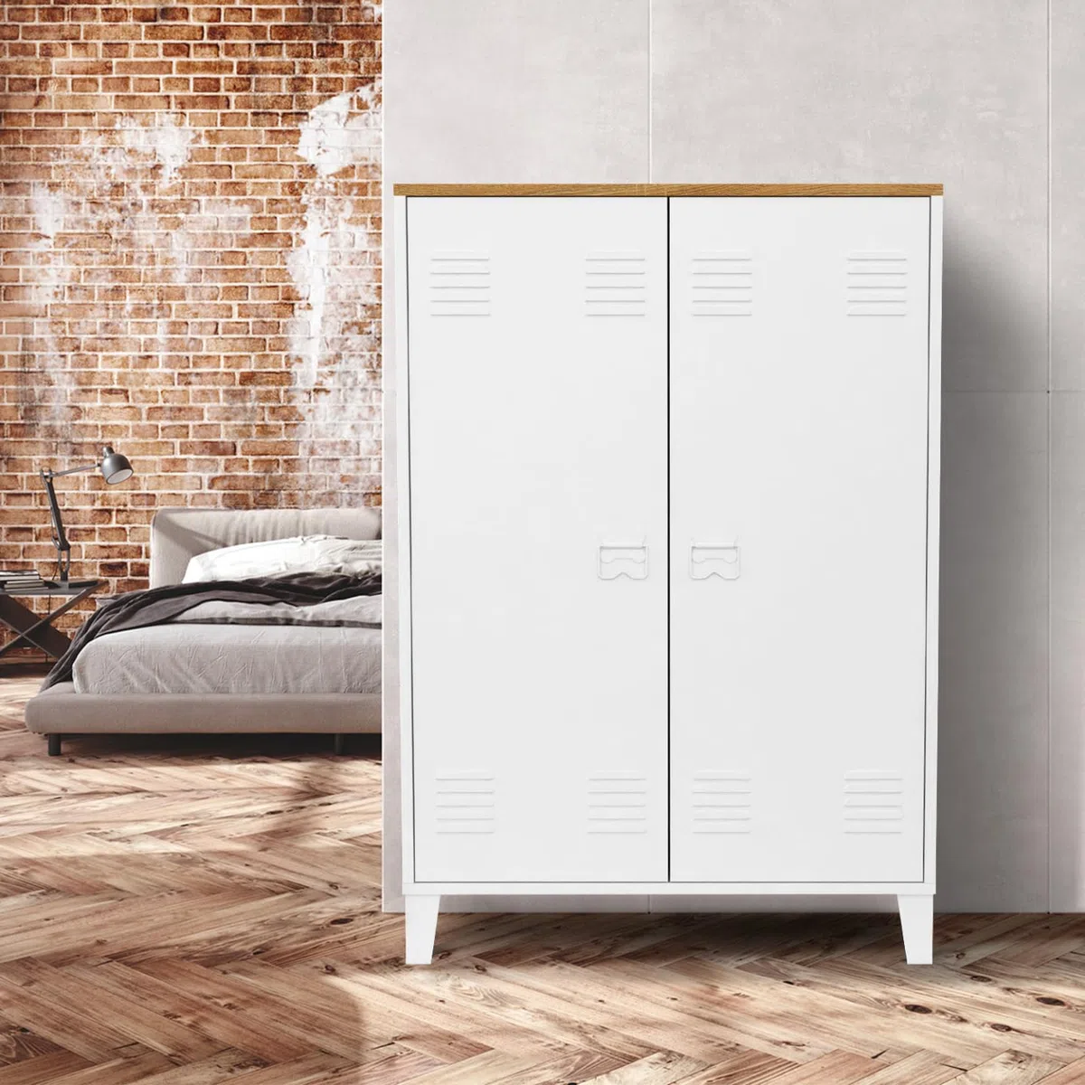 IDMarket - Armario bajo Ester 2 puertas de metal blanco y madera diseño industrial