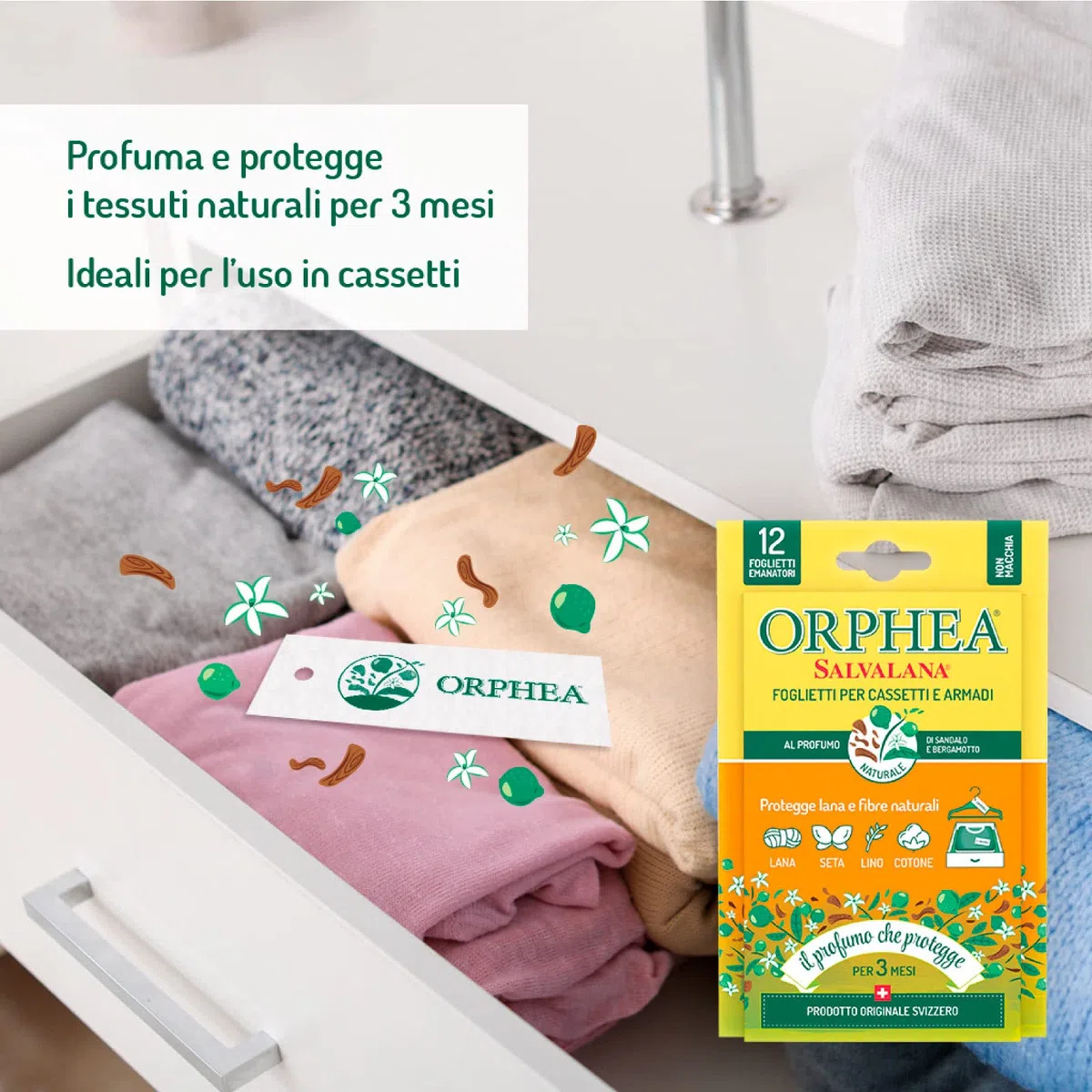 Orphea 12 hojas de papel para cajones y armarios protege lana y fibras naturales al perfume de sándalo y bergamota - 12 paquetes de 12 hojas cada una