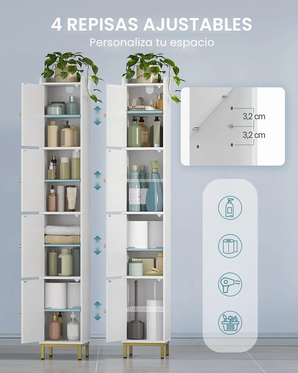 Hzuaneri Mueble Columna de Baño, Armario de Almacenaje, 4 Estantes Ajustables y 4 Puertas, con Patas Ajustables, Apto para baños, Sala de Estar, 26 x 28 x 180 cm, Blanco BC43313G