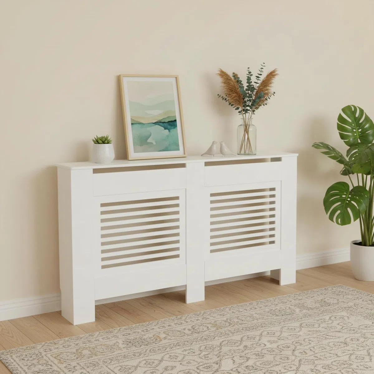 Buybyroom Buffets Altos, Cubierta Radiador, Cubierta Radiador Madera, Lattes Horizontales, para Salón, Dormitorio, Pasillo, 152 X 19 X 82 cm, MDF Blanco
